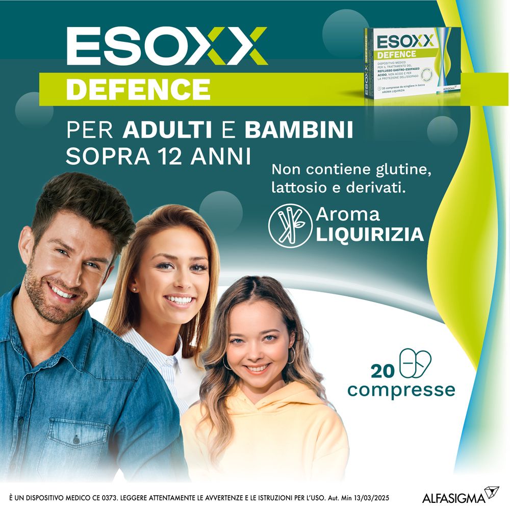 Werbebild mit Esoxx Defence. Für Erwachsene und Kinder ab 12 Jahren. Enthält kein Gluten, Laktose und Derivate.