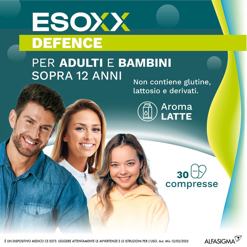 Werbebild mit ESOXX DEFENCE. Für Erwachsene und Kinder ab 12 Jahren. 3 Personen. 30 Tabletten.