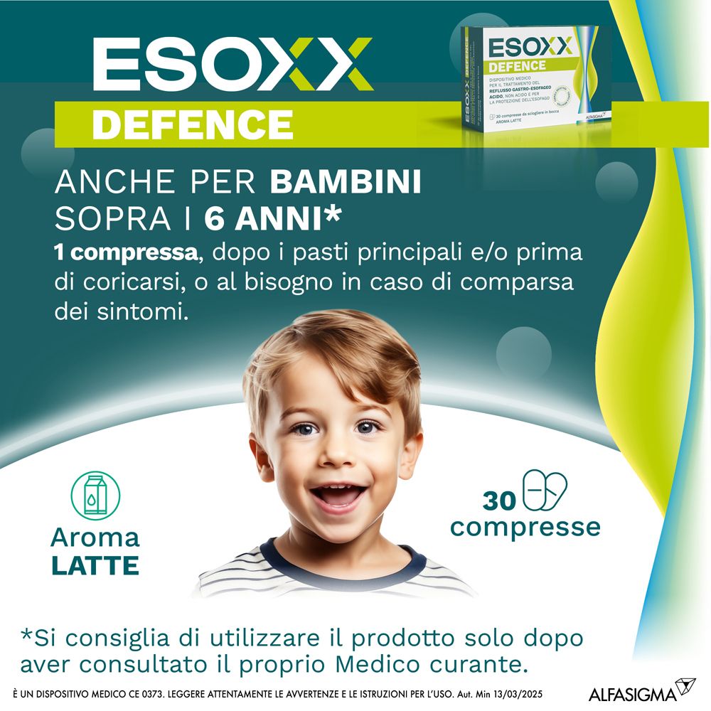 Werbebild mit ESOXX DEFENCE. Auch für Kinder ab 6 Jahren. Kind. 30 Tabletten. Aroma Latte.
