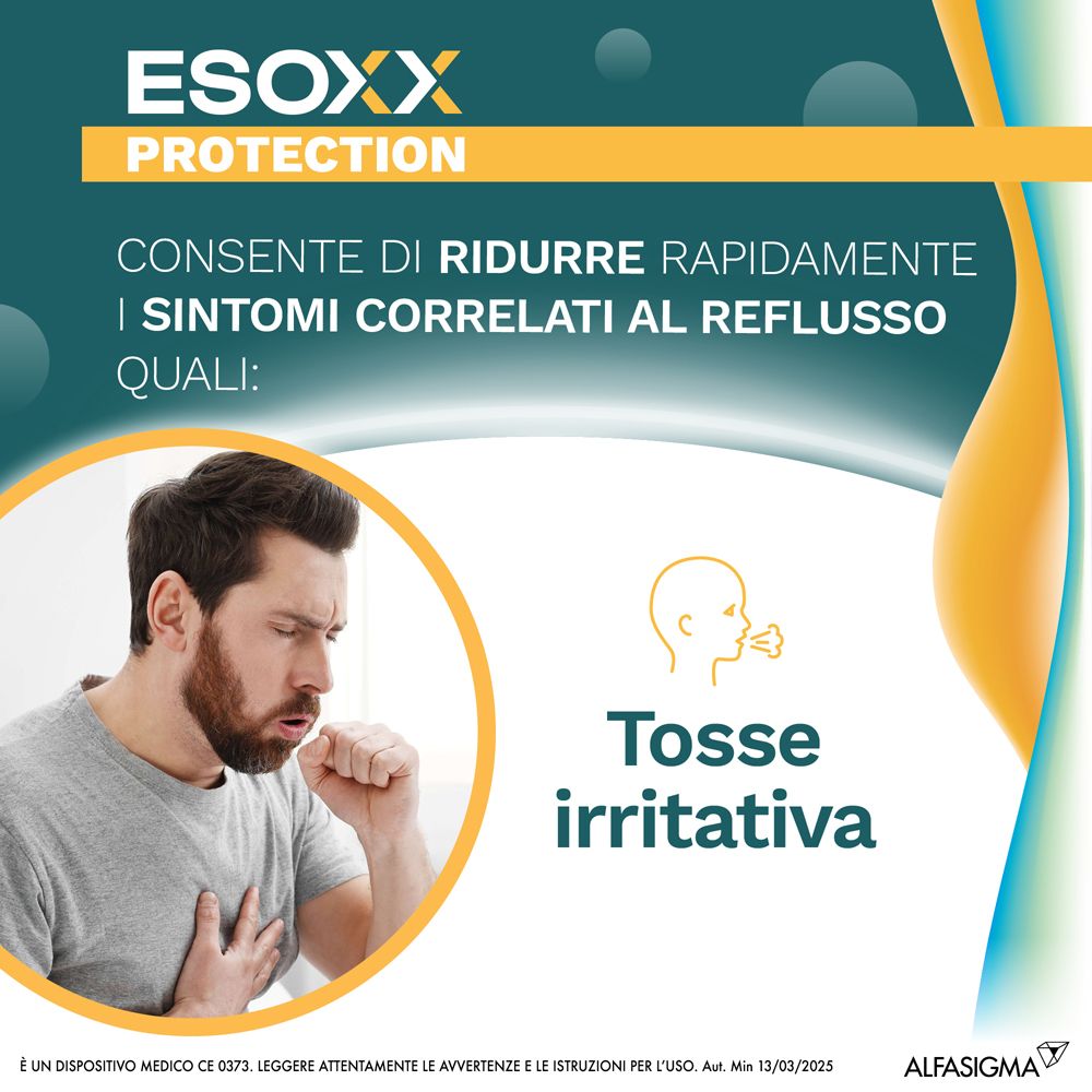 Esoxx Protection. Reduziert Symptome von Reflux, wie Husten. Mann hustet.