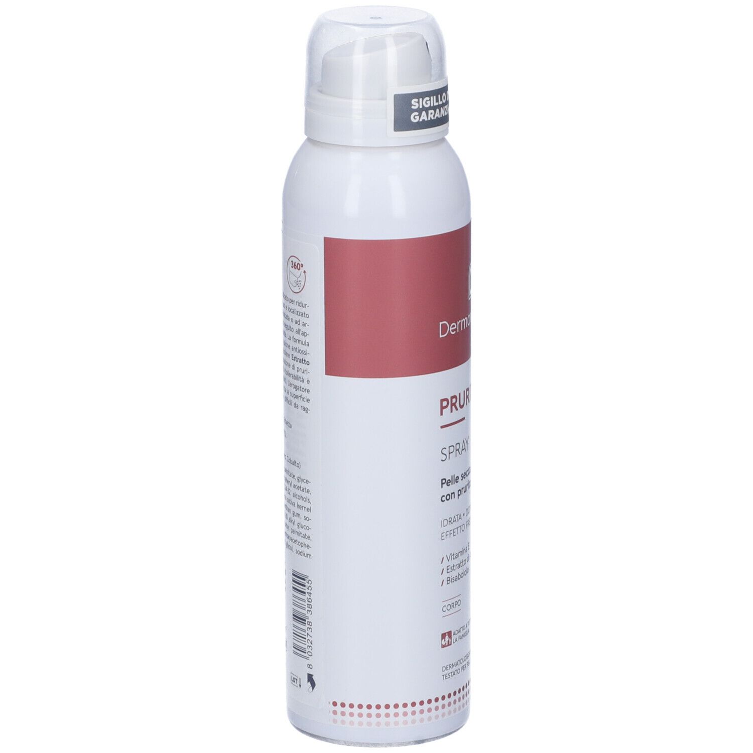 Weiß-rote Spraydose. Aufschrift: Dermovitamina, PRURITO SPRAY. Rückseite mit Produktinformationen. Mit Siegel.