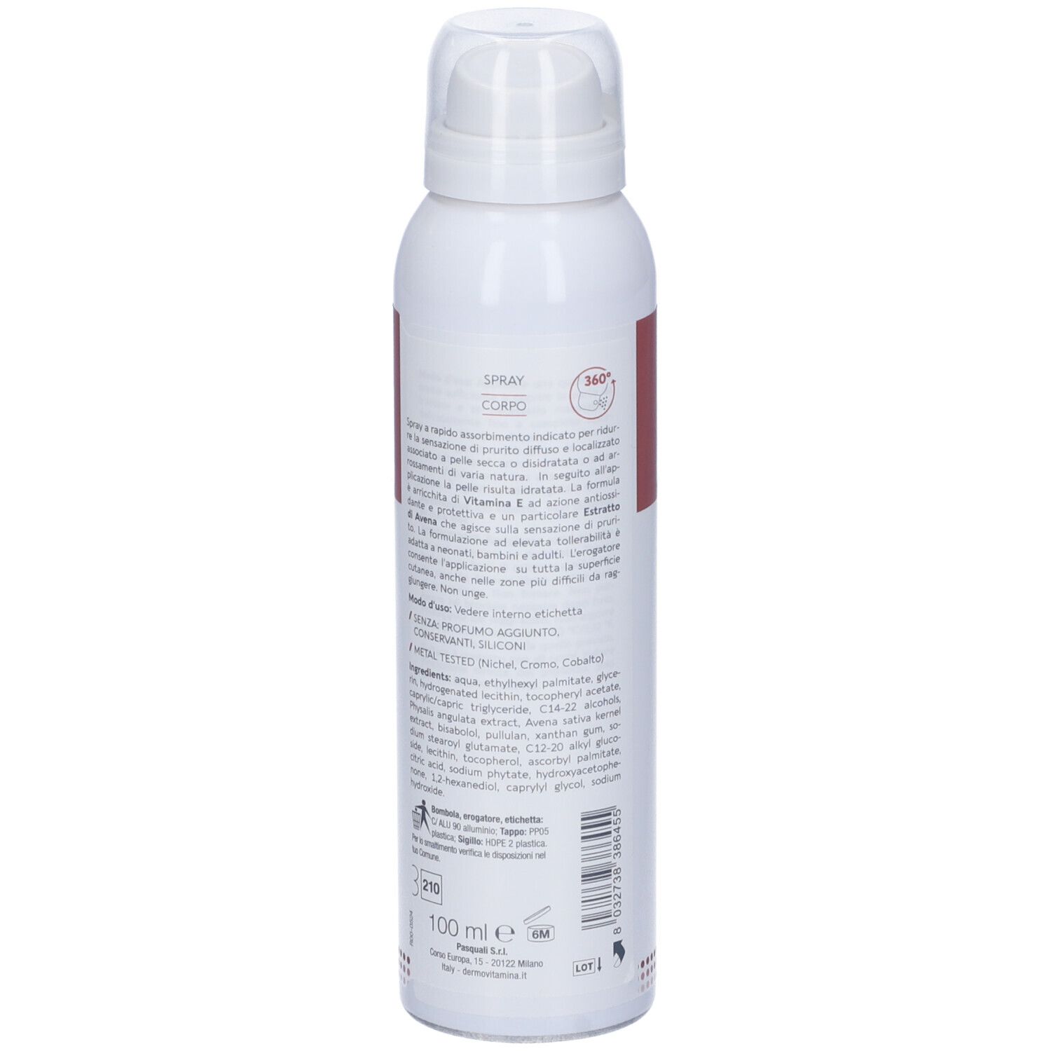 Rückseite einer weißen Spraydose. Produktinformationen und Inhaltsstoffe. Volumen: 100 ml.