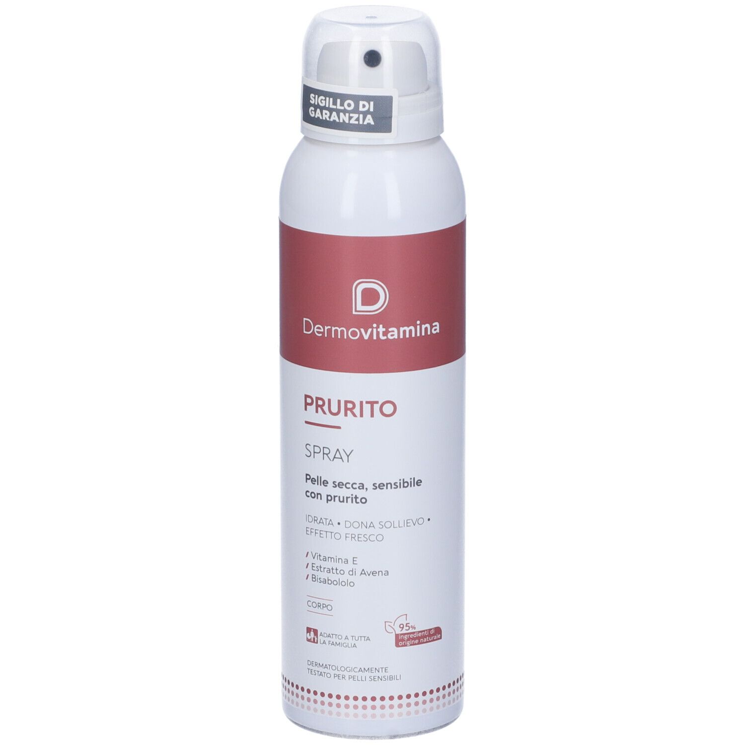 Weiß-rote Spraydose. Aufschrift: Dermovitamina, PRURITO SPRAY. Für trockene, empfindliche Haut mit Juckreiz. Mit Siegel.