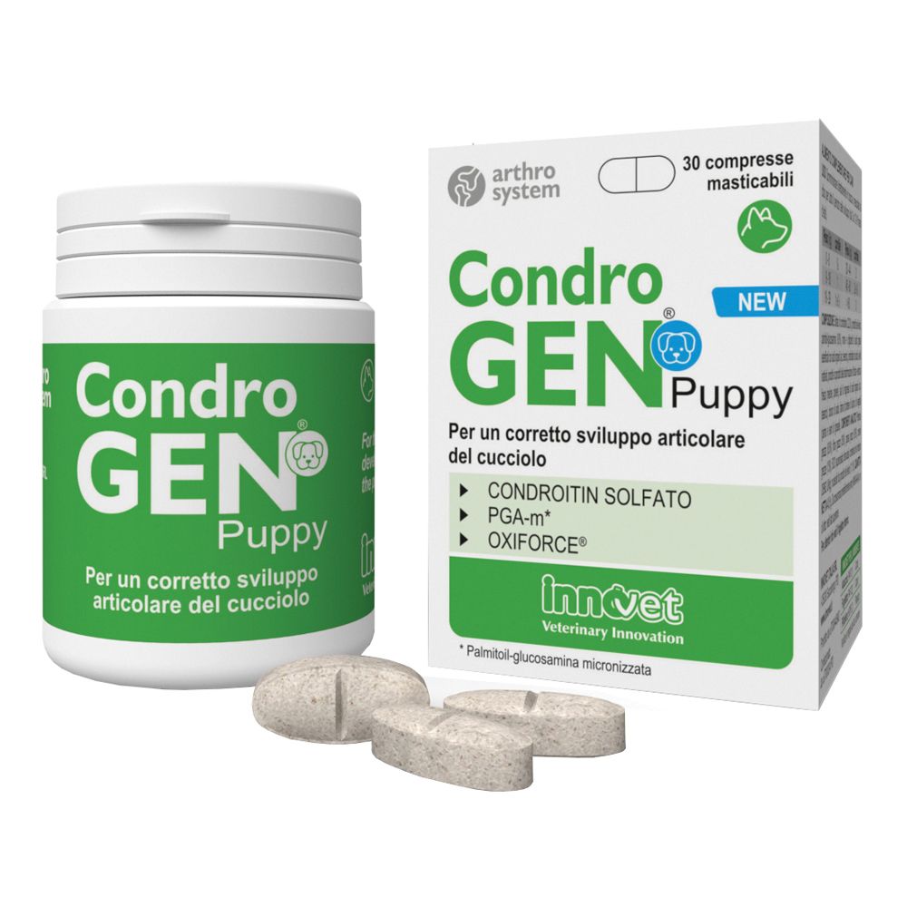 Confezione e flacone di compresse. Scritta: CondroGEN Puppy. 30 compresse masticabili. Ingredienti: Condroitin solfato, PGA-m, Oxiforce.