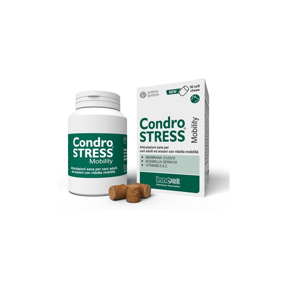 Dose und Verpackung von "Condro STRESS Mobility" für Hunde. Enthält 3 weiche Kautabletten.