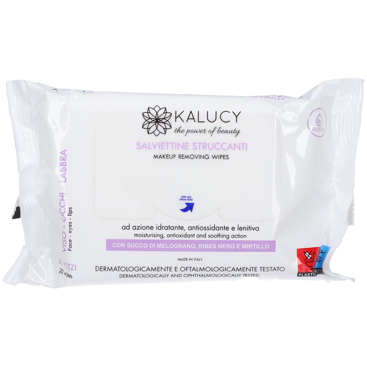 Confezione bianca 'Kalucy Salviette Struccanti' con 20 salviette. Scritte in italiano. Logo floreale e dettagli.