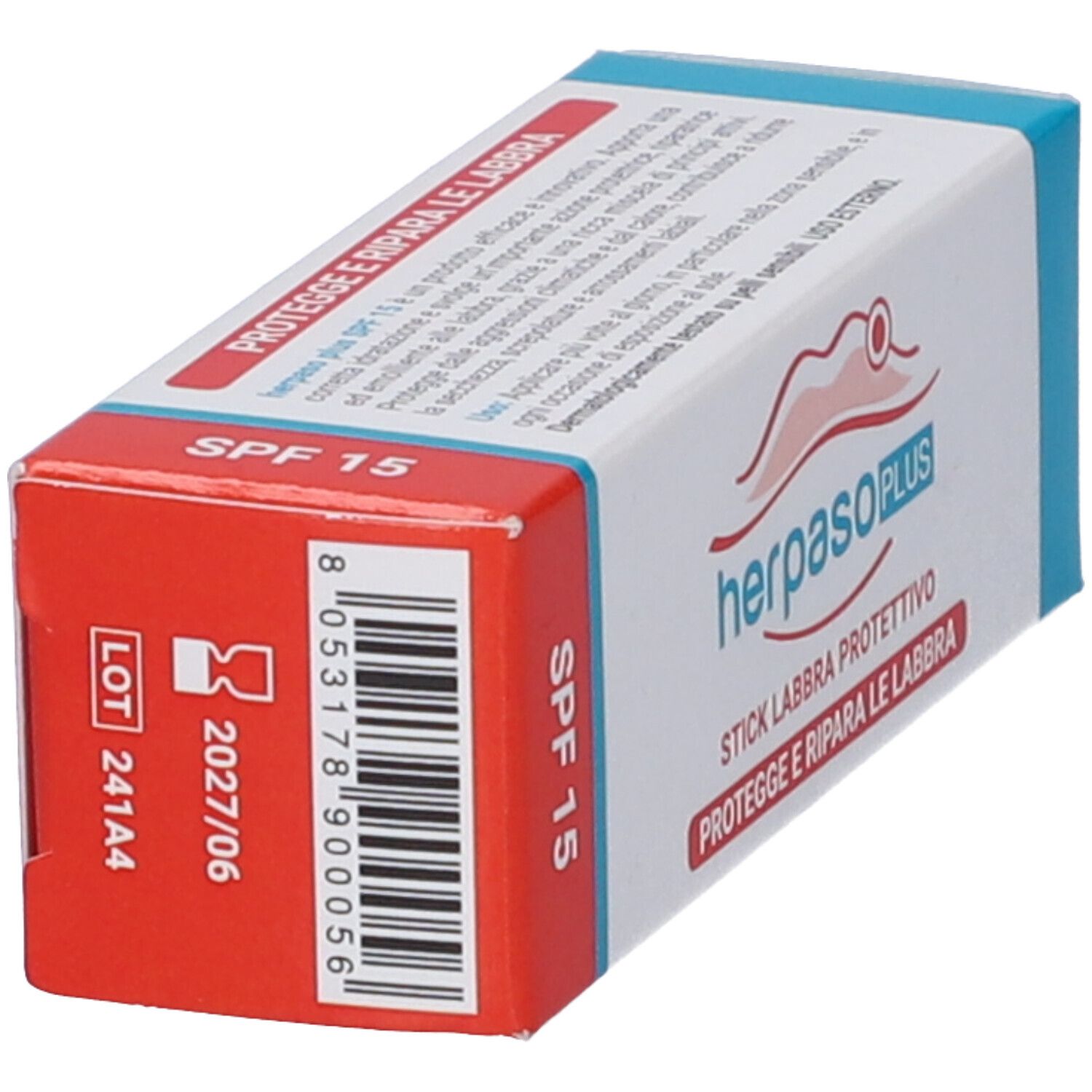 Schachtel Herpaso Plus Stick Labbra Protettivo. Rot und blau. Text: SPF 15, Losnummer, Verfallsdatum, Barcode.