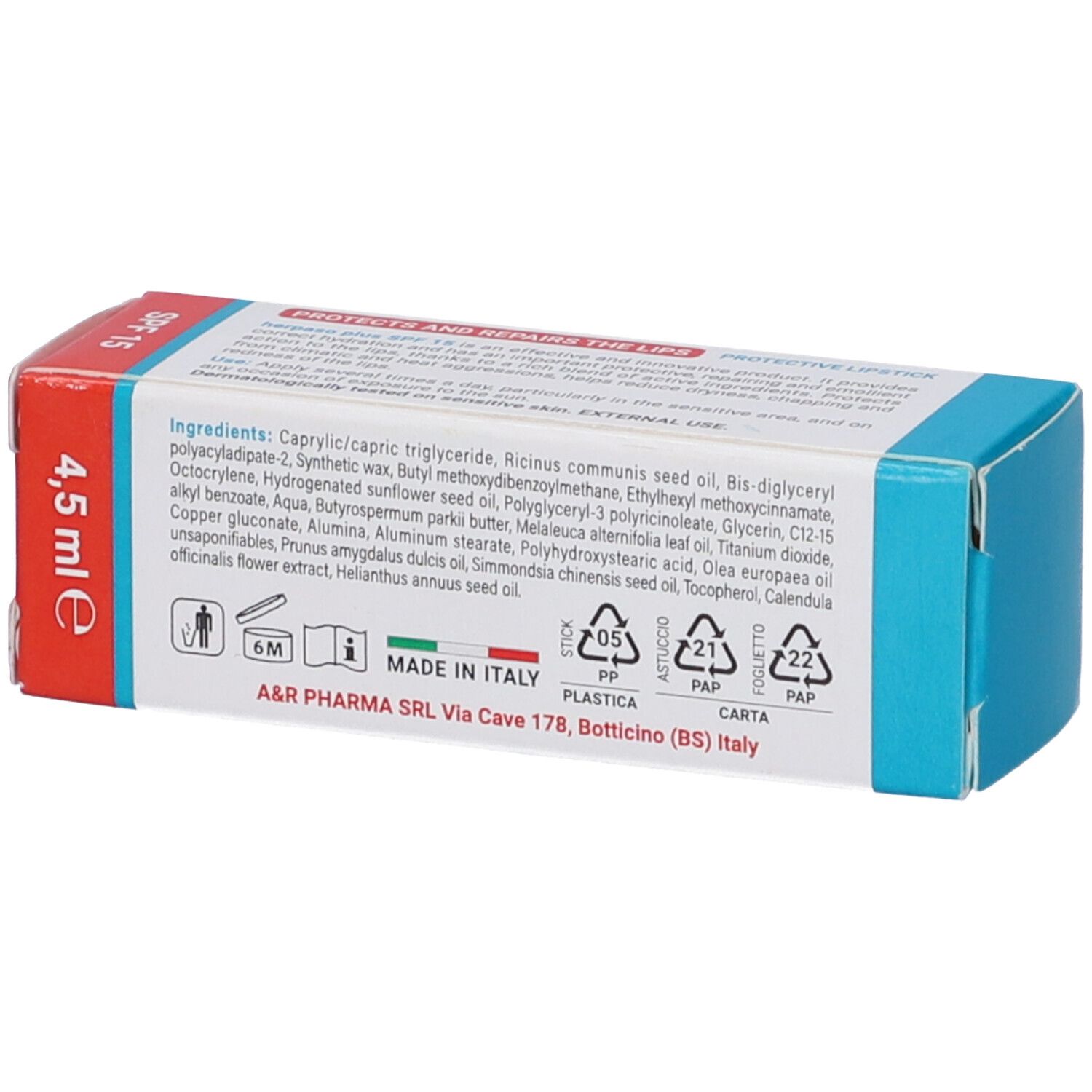 Rückseite der Schachtel Herpaso Plus Stick Labbra Protettivo. Text: Inhaltsstoffe, 4,5 ml, Hergestellt in Italien, Recycling-Symbole.