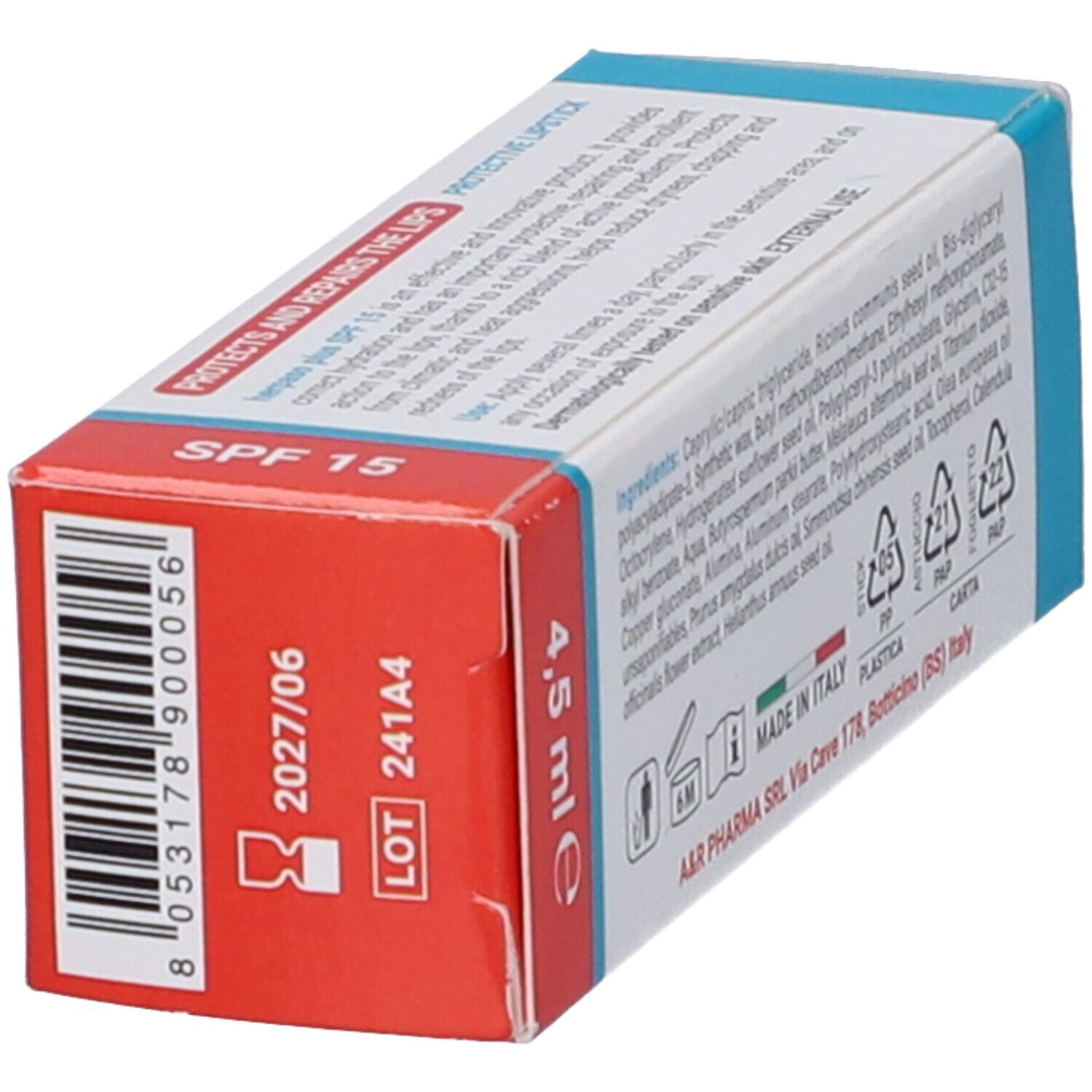 Schachtel Herpaso Plus Stick Labbra Protettivo. Rot und blau. Text: SPF 15, 4,5 ml, Losnummer, Verfallsdatum, Barcode.