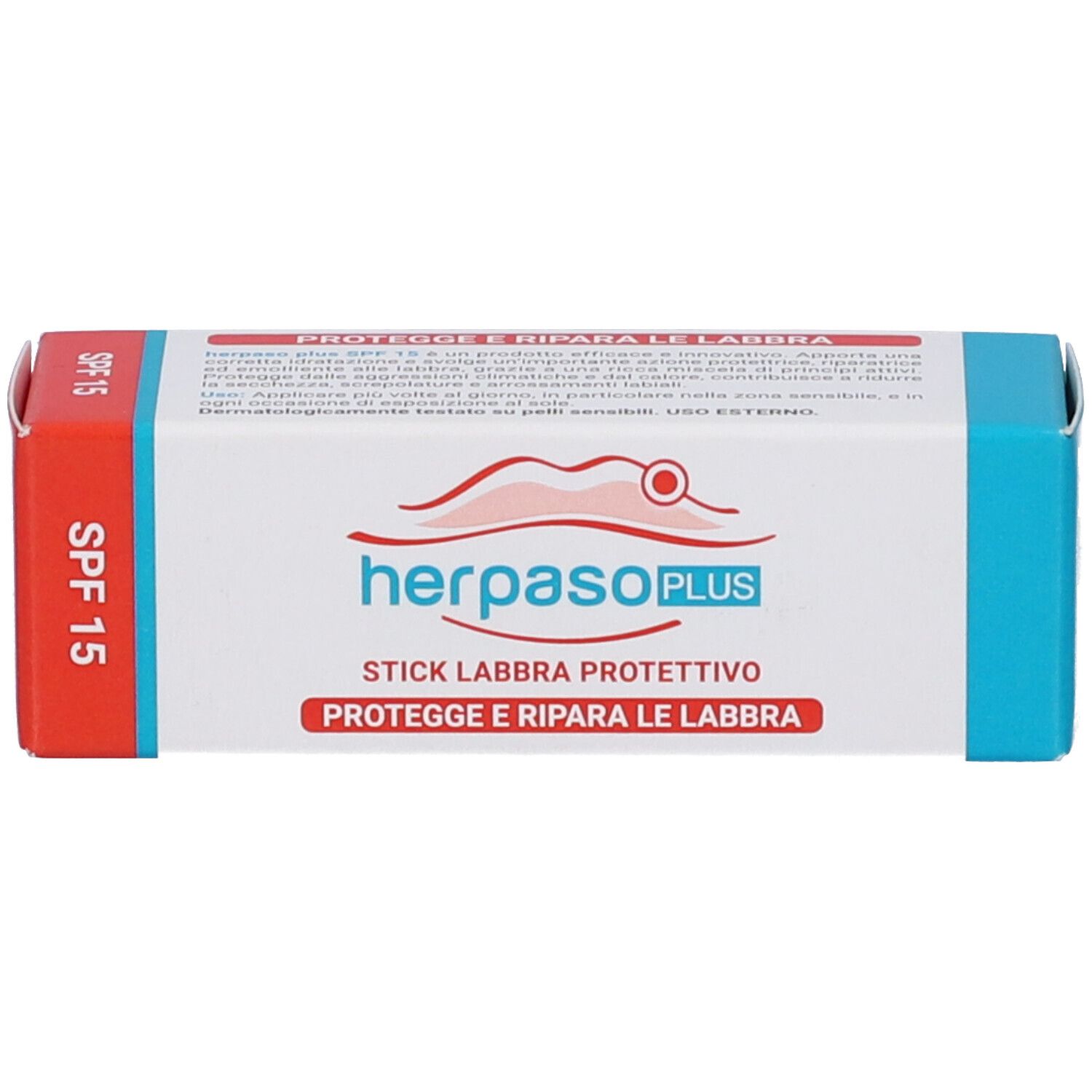 Herpaso Plus Stick Labbra Protettivo Schachtel. Weiß, rot und blau. Text: SPF 15, schützt und repariert Lippen.