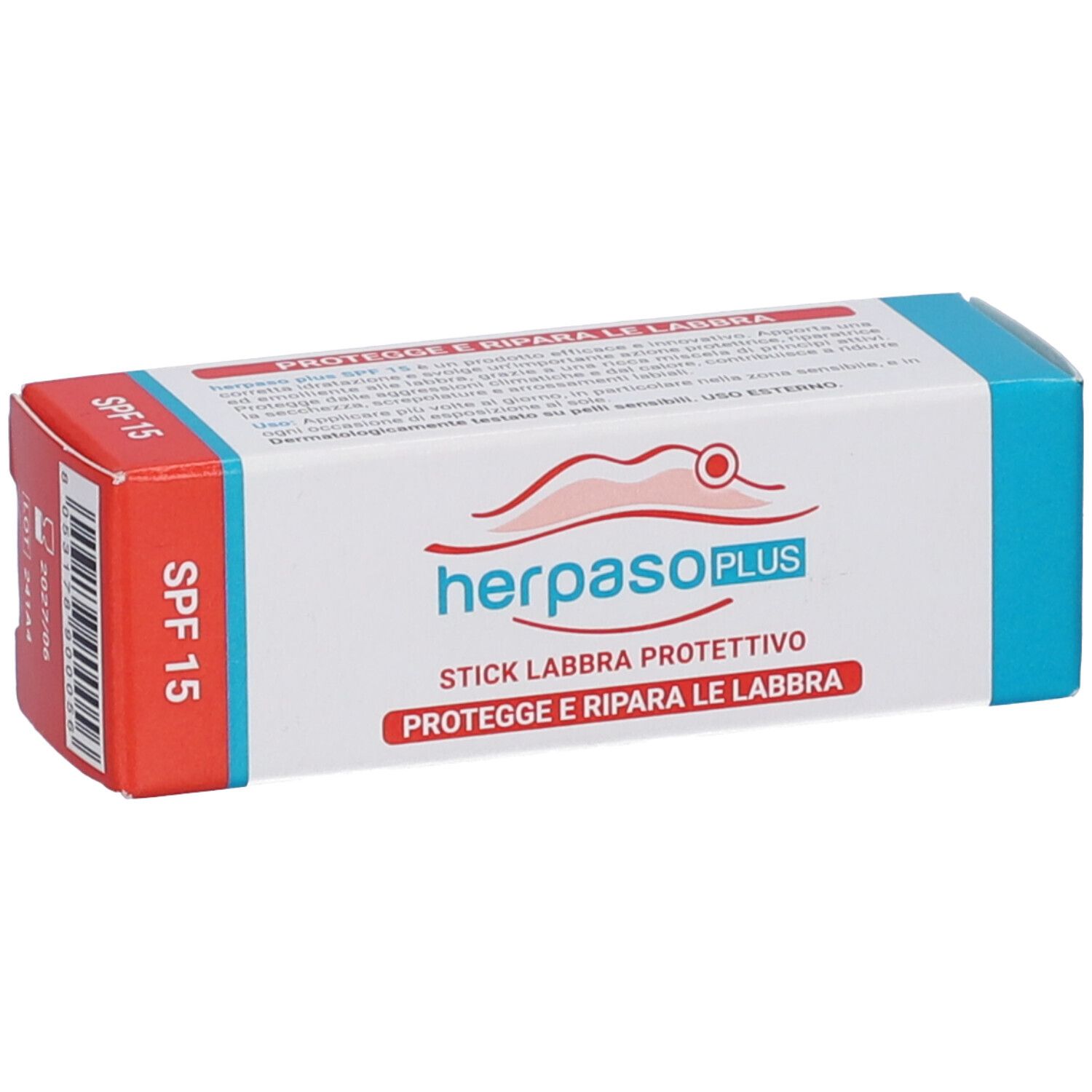 Herpaso Plus Stick Labbra Protettivo Schachtel. Weiß, rot und blau. Text: SPF 15, schützt und repariert Lippen.