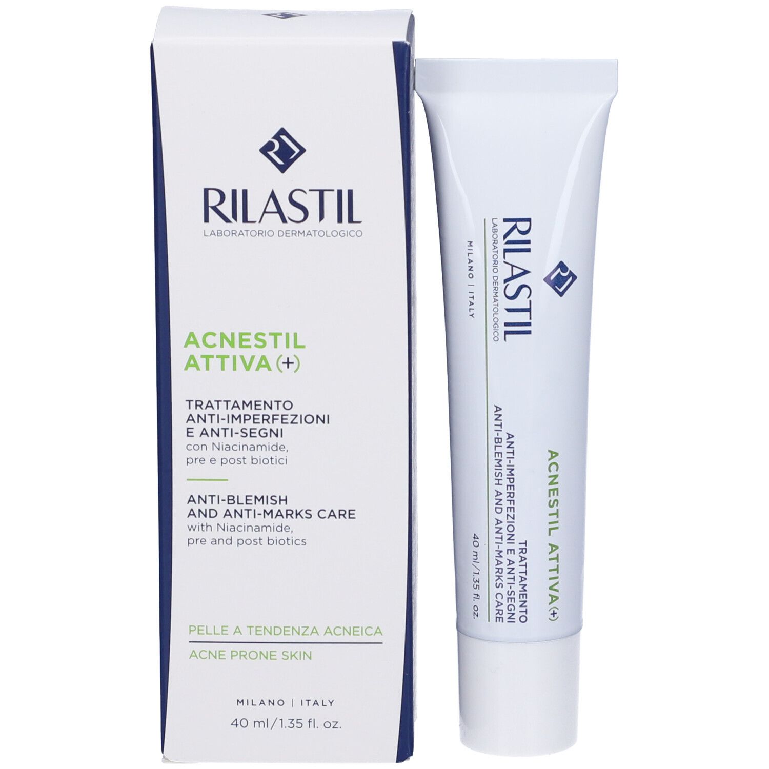Confezione del prodotto con tubo. Scritta: Rilastil, Acnestil Attiva+. Crema anti-imperfezioni. Tubo bianco.