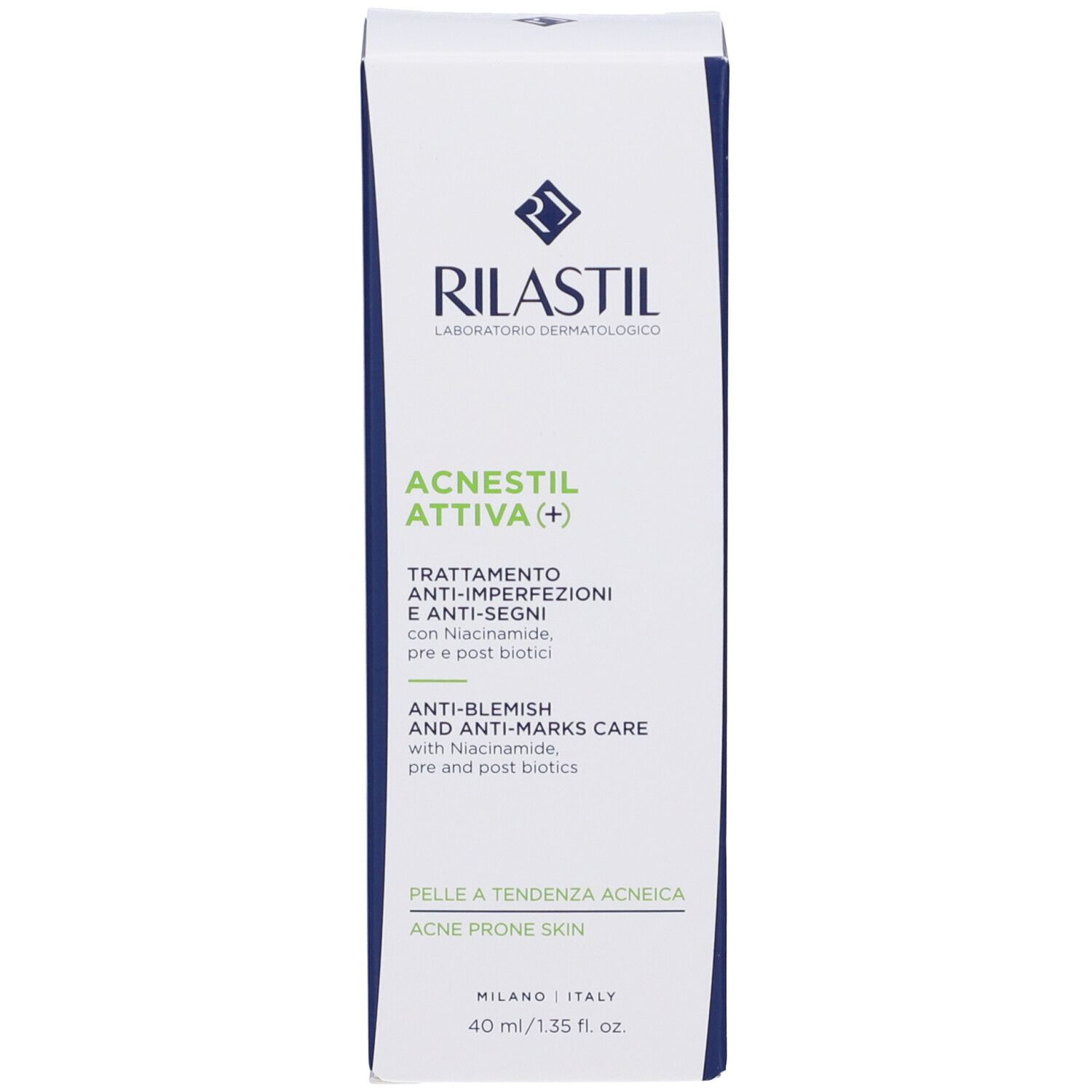 Confezione del prodotto. Scritta: Rilastil, Acnestil Attiva+. Crema anti-imperfezioni. Per pelle a tendenza acneica.