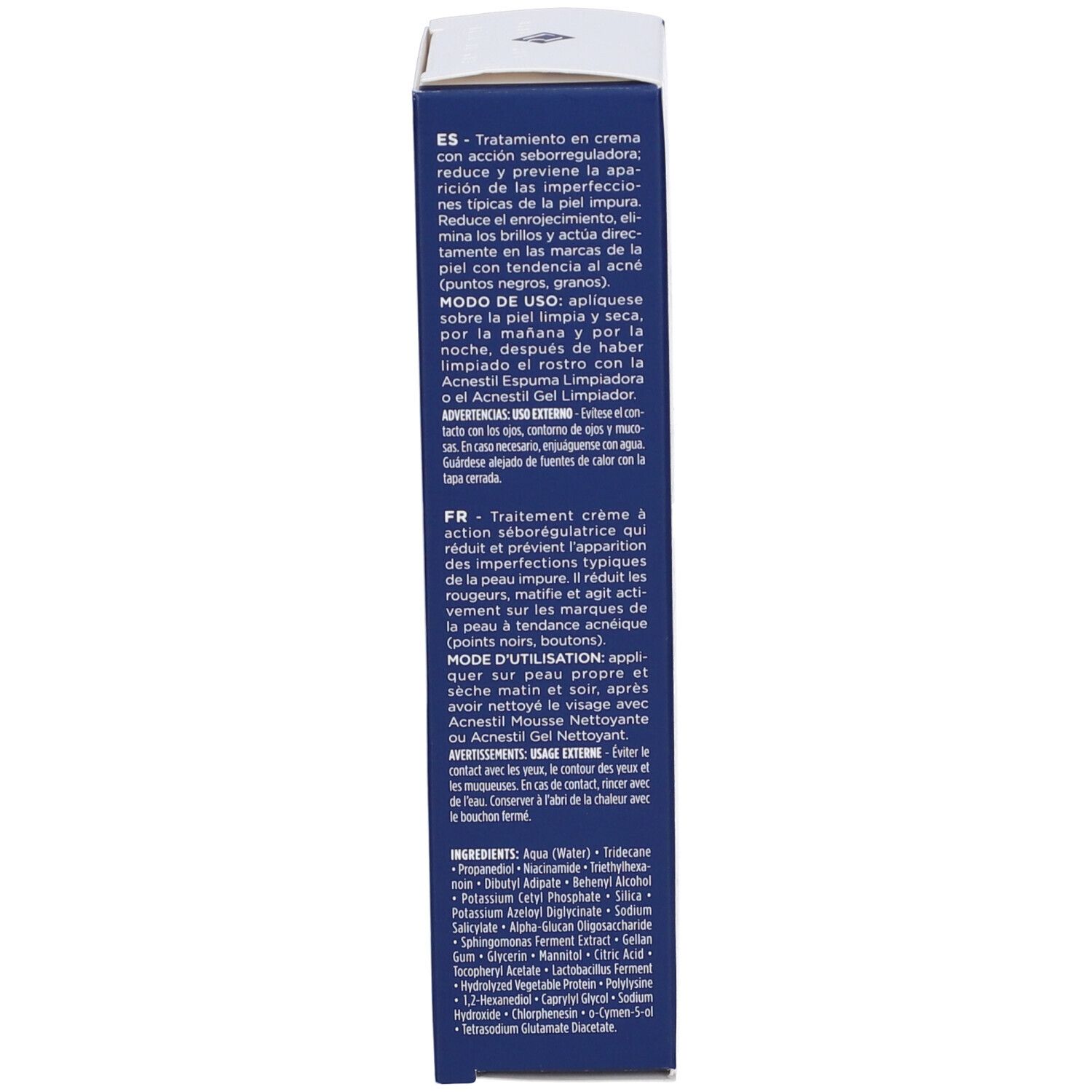 Lato della confezione del prodotto. Testo multilingue. Scritta: Rilastil, Modo de Uso, Ingredienti, 40 ml.