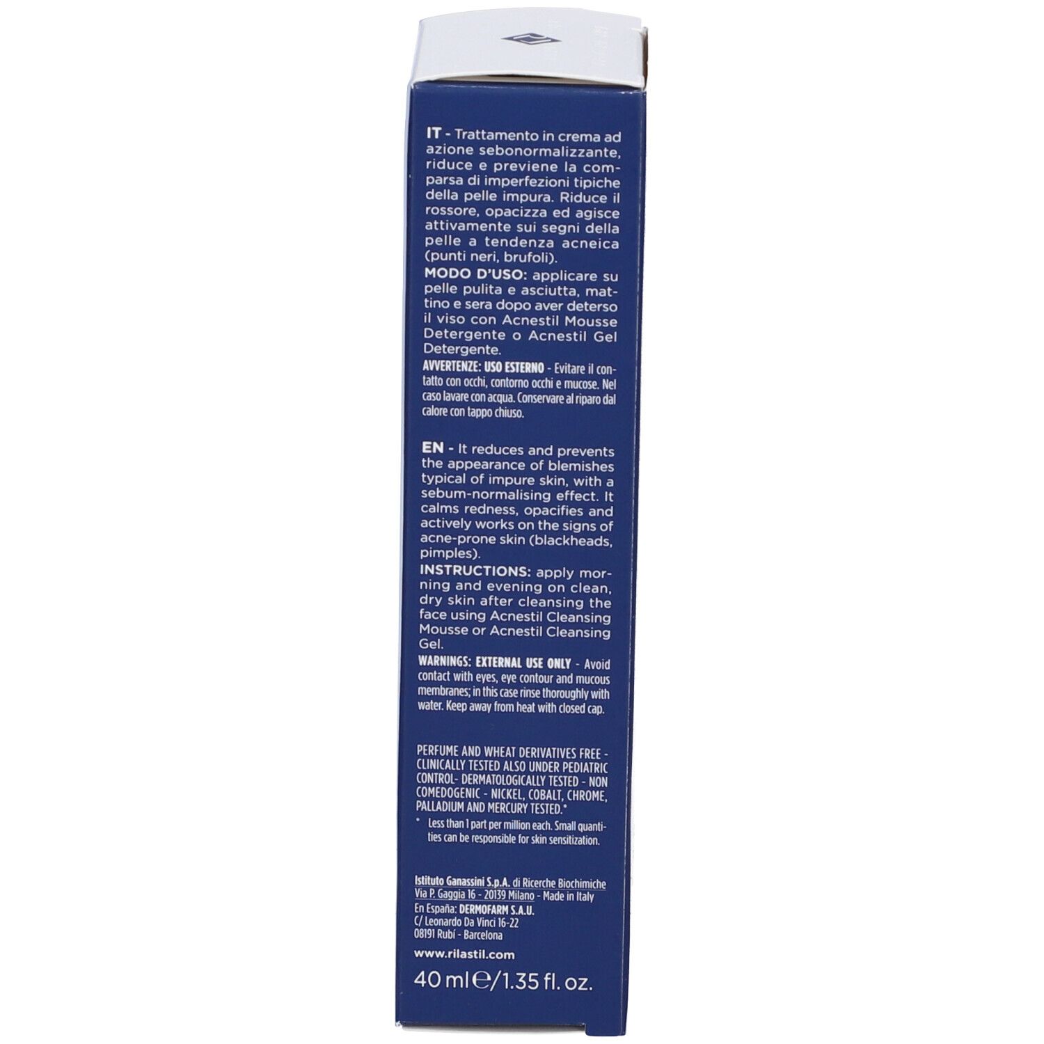 Lato della confezione del prodotto. Testo multilingue. Scritta: Rilastil, Modo d'uso, Avvertenze, 40 ml.