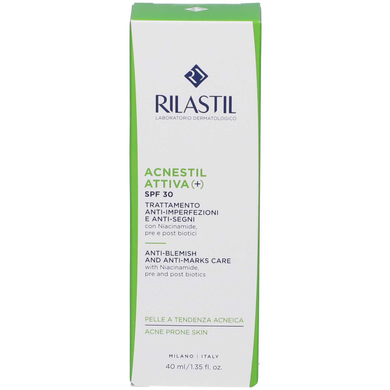 Rilastil Acnestil Attiva+ Creme, Behandlung für zu Akne neigende Haut, SPF 30, 40ml.