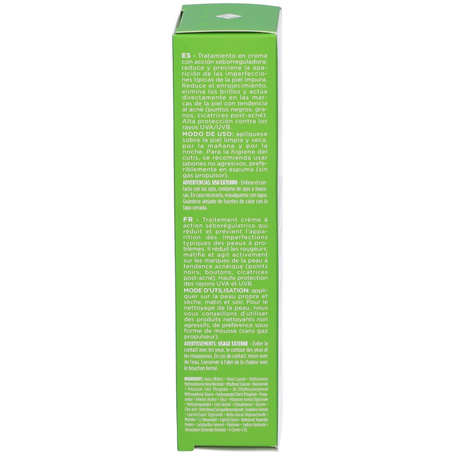 Verpackung eines Hautpflegeprodukts mit spanischen und französischen Anwendungshinweisen.