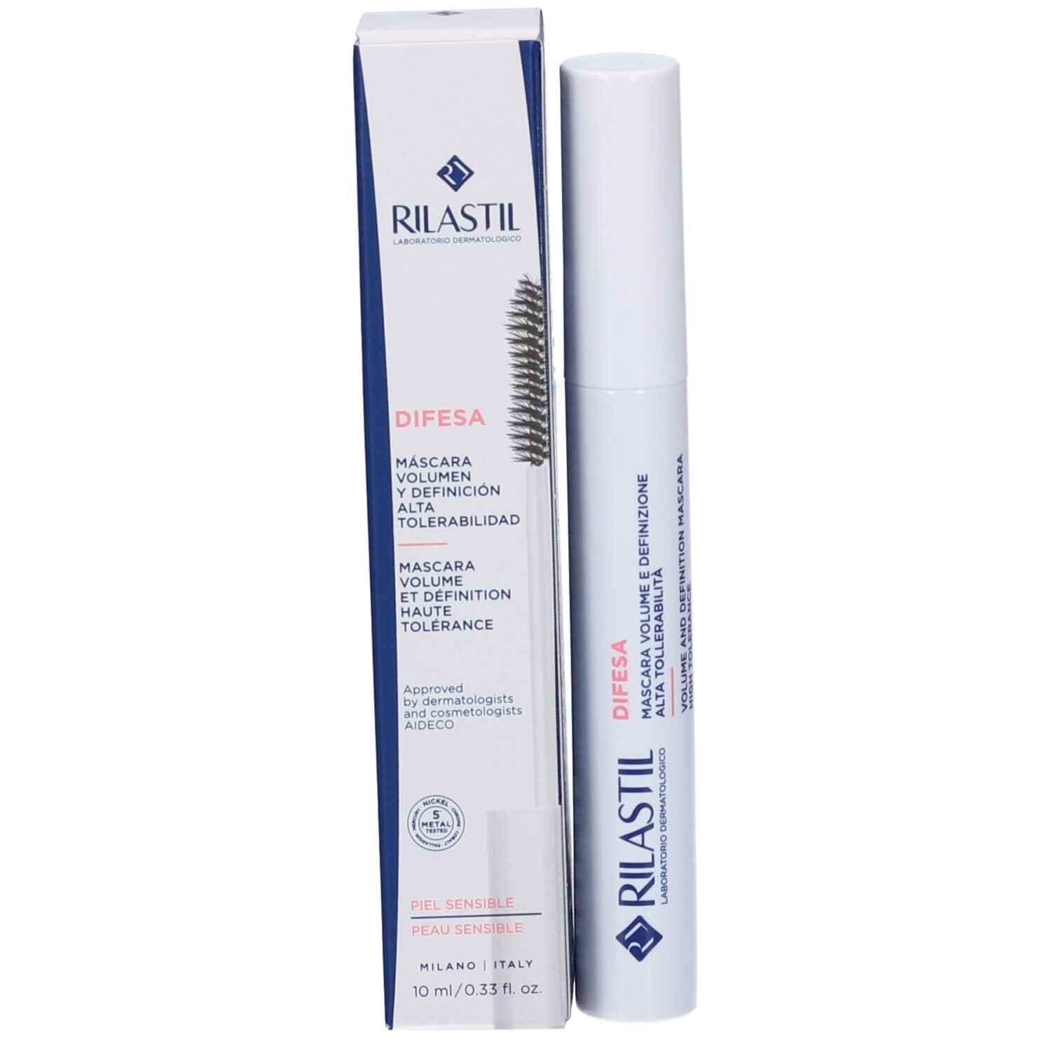 Tubo e confezione mascara. Tubo bianco con spazzola nera. Confezione con nome del prodotto e logo.