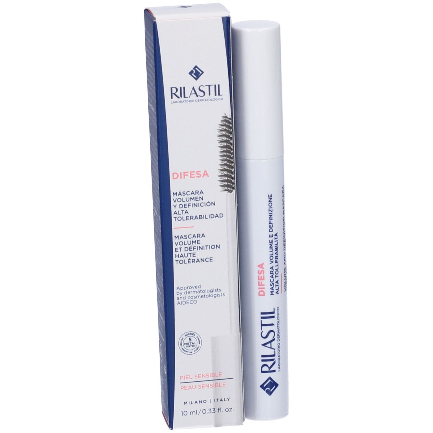 Tubo e confezione mascara. Tubo bianco con spazzola nera. Confezione con nome del prodotto e logo.