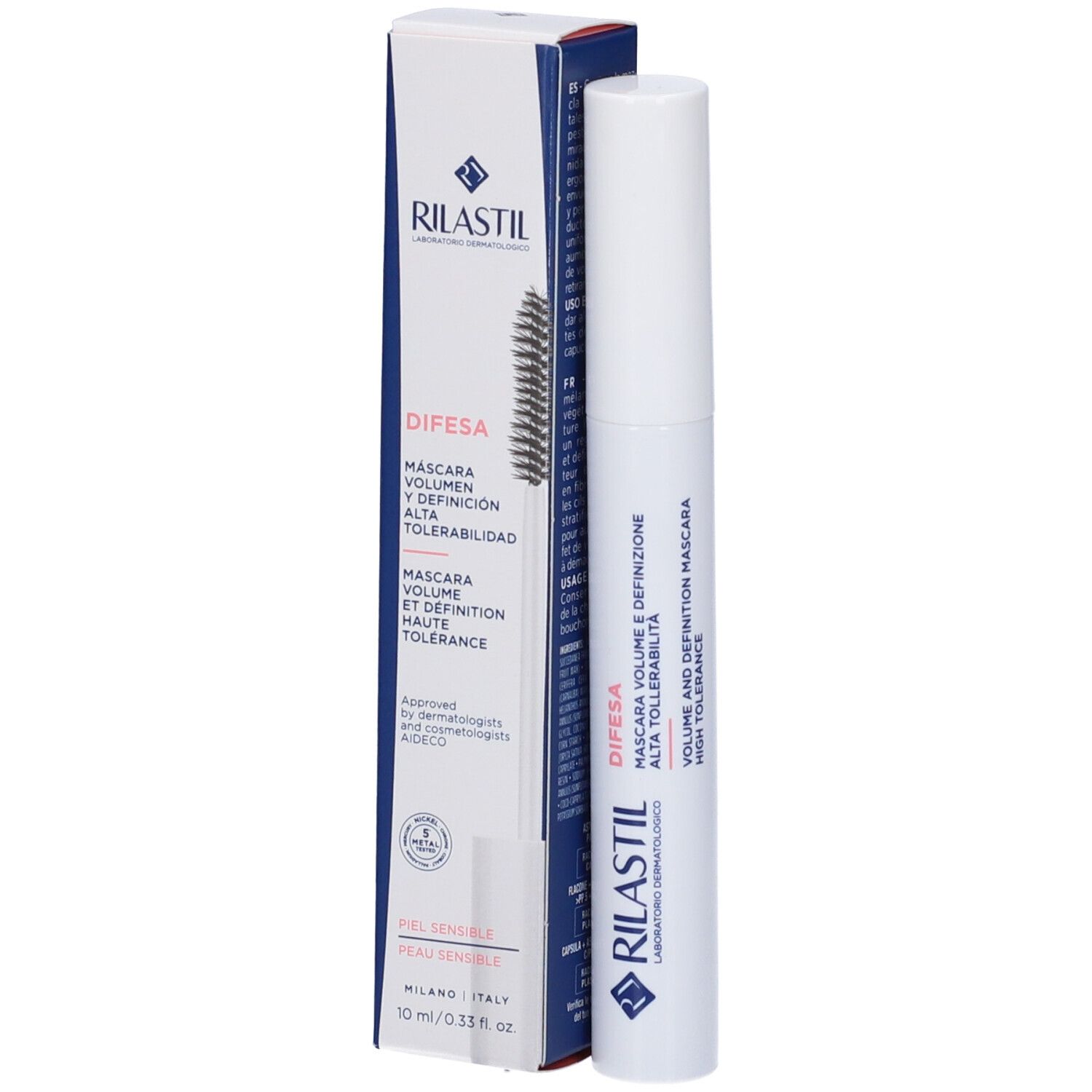 Tubo e confezione mascara. Tubo bianco con spazzola nera. Confezione con nome del prodotto e logo.