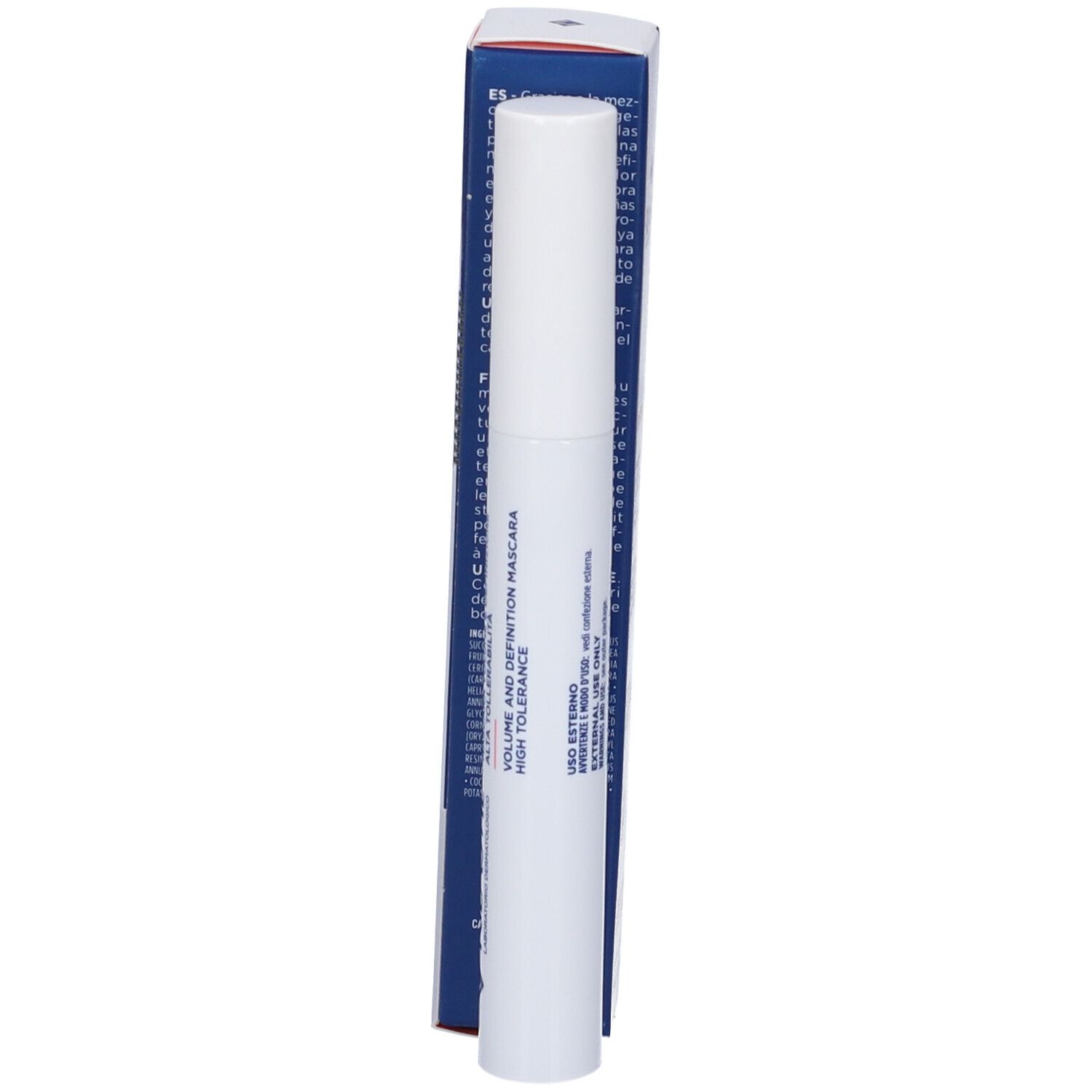 Tubo e confezione mascara. Tubo bianco con nome del prodotto e logo. Confezione con nome del prodotto.