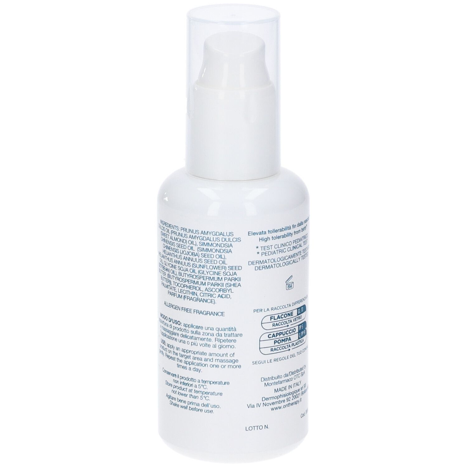 Rückseite der weißen Flasche. Text in italienischer Sprache. Enthält Informationen über Inhaltsstoffe.