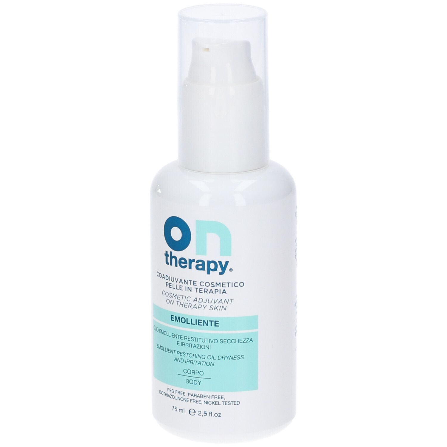 Weiße Flasche mit Pumpverschluss. Aufschrift 'on therapy' und 'Emolliente'.