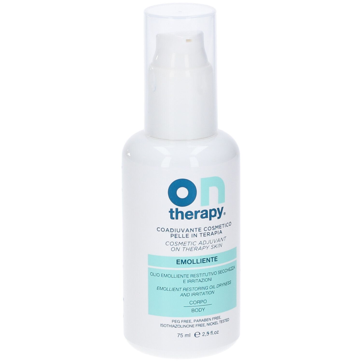 Weiße Flasche mit Pumpverschluss. Aufschrift 'on therapy' und 'Emolliente'.