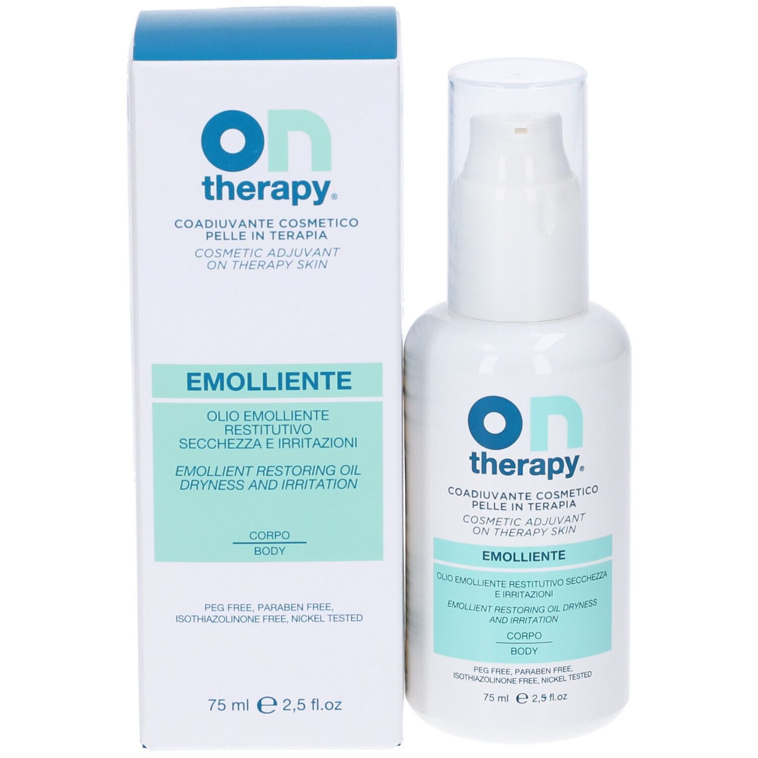 Weiße Flasche mit Pumpverschluss und Verpackung. Aufschrift 'on therapy' und 'Emolliente'.