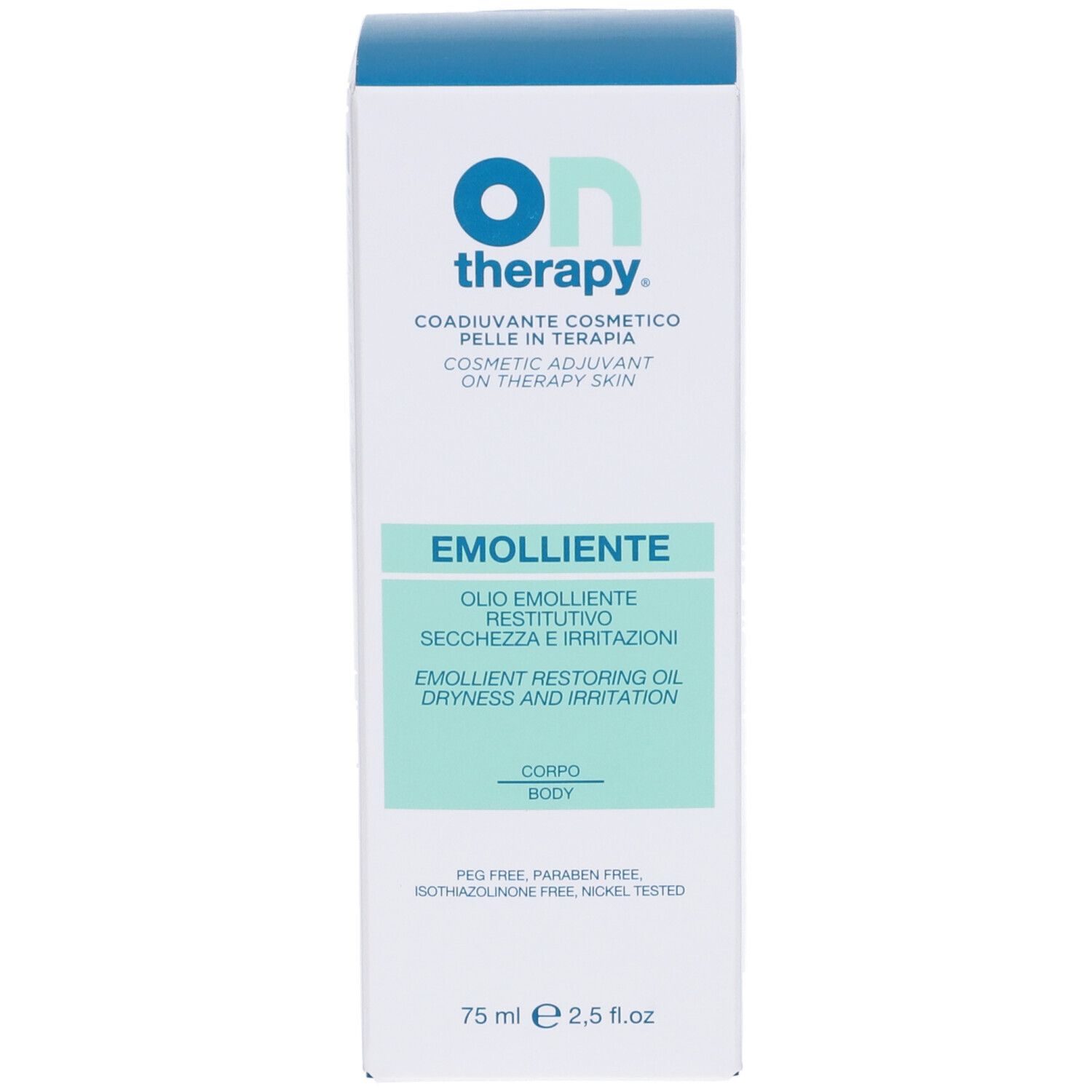 Verpackung mit Aufschrift 'on therapy' und 'Emolliente'.