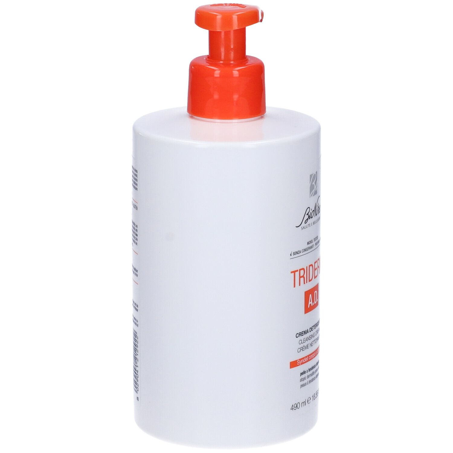 Flacone bianco con erogatore arancione. Scritta: Triderm A.D. Marchio: Bionike.