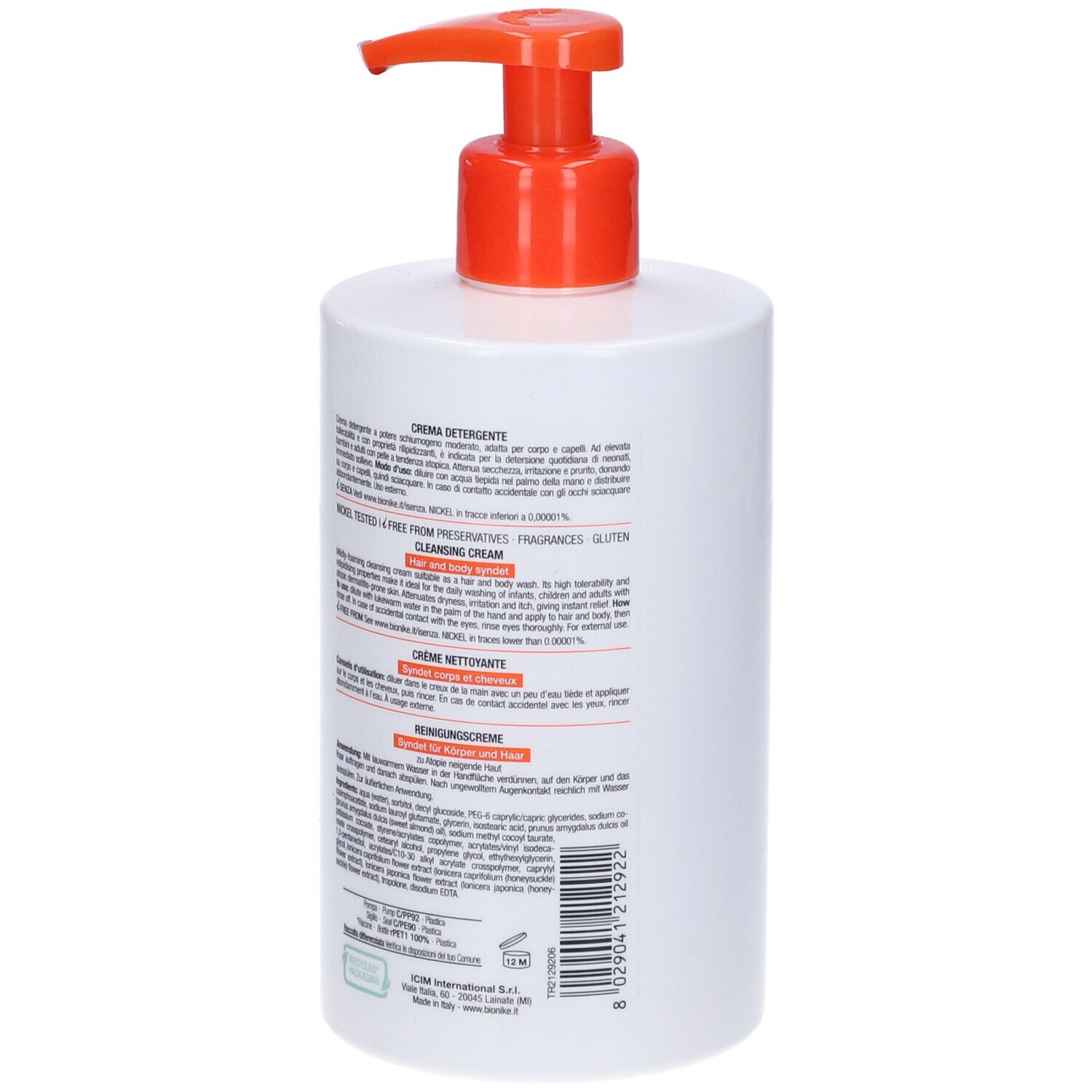 Flacone bianco con erogatore arancione. Retro con testo. Marchio: Bionike.