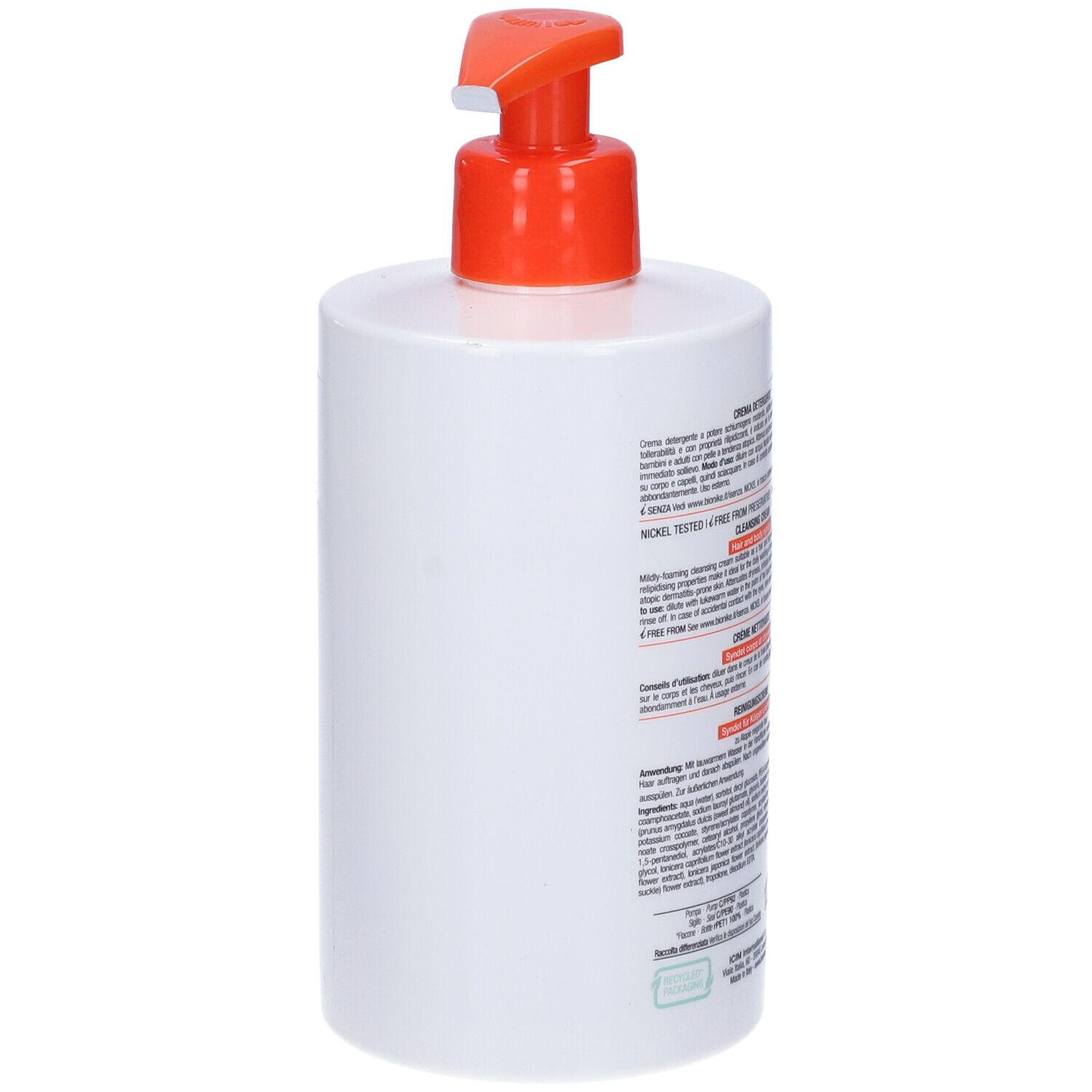 Flacone bianco con erogatore arancione. Retro con testo. Marchio: Bionike.