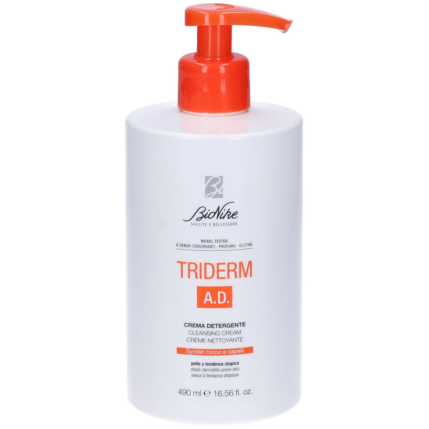 Flacone bianco con erogatore arancione. Scritta: Triderm A.D. Crema Detergente. Marchio: Bionike.