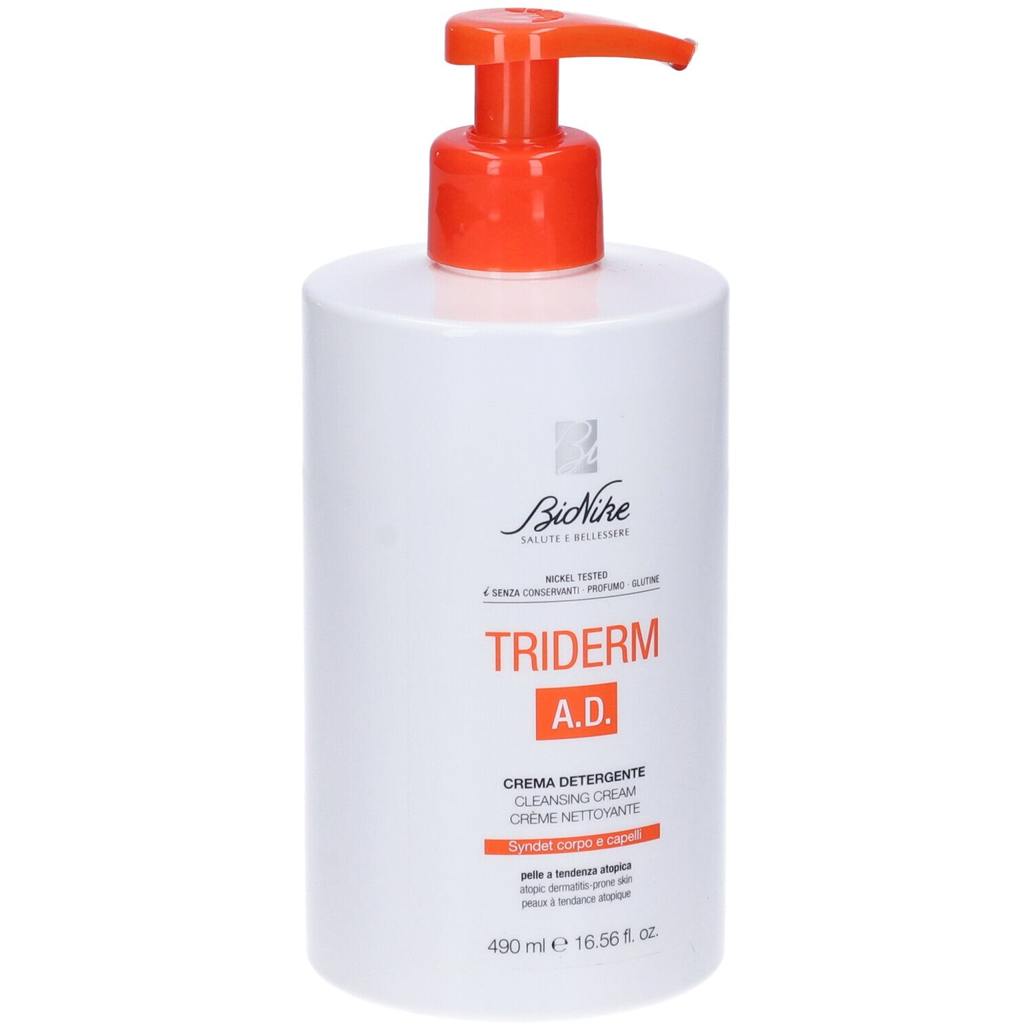 Flacone bianco con erogatore arancione. Scritta: Triderm A.D. Crema Detergente. Marchio: Bionike.