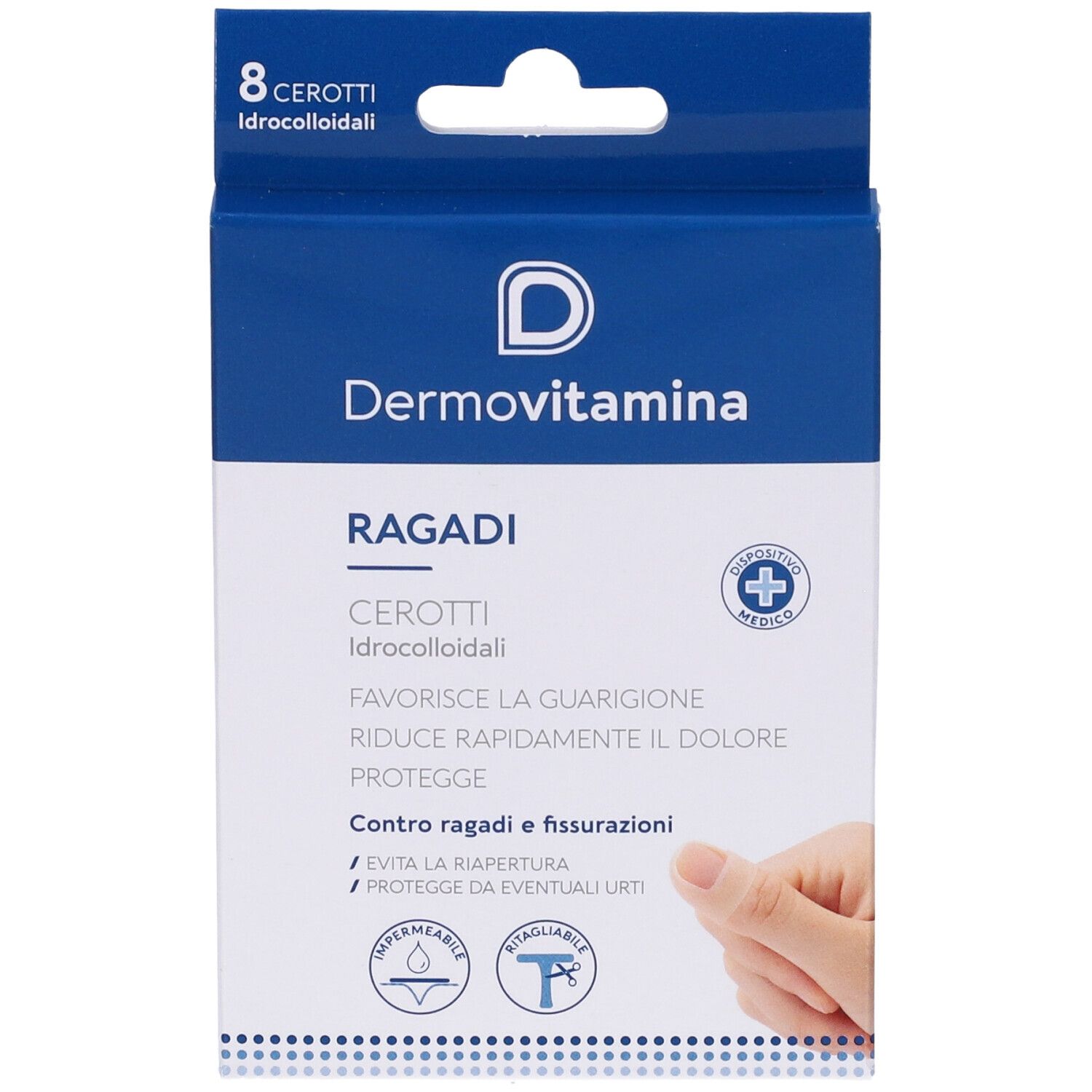 Blau-weiße Verpackung "Dermovitamina Ragadi Cerotti". 8 Pflaster. Text: "Favorisce la guarigione, riduce il dolore".
