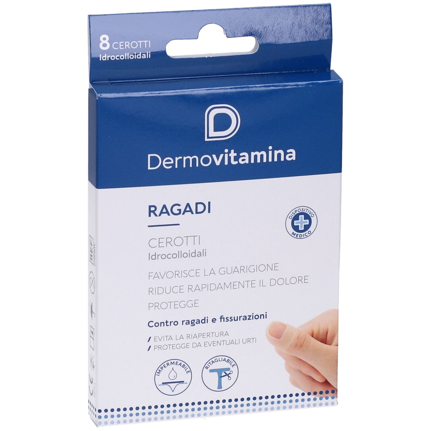 Blau-weiße Verpackung "Dermovitamina Ragadi Cerotti". 8 Pflaster. Text: "Favorisce la guarigione, riduce il dolore".