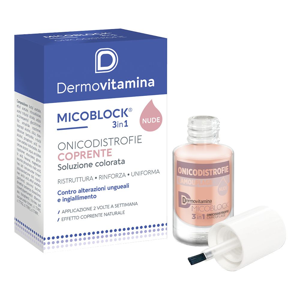 Flacone di smalto e scatola. Scritta: Dermovitamina Micoblock 3in1 Onicodistrofie Coprente Nude. Con pennello.