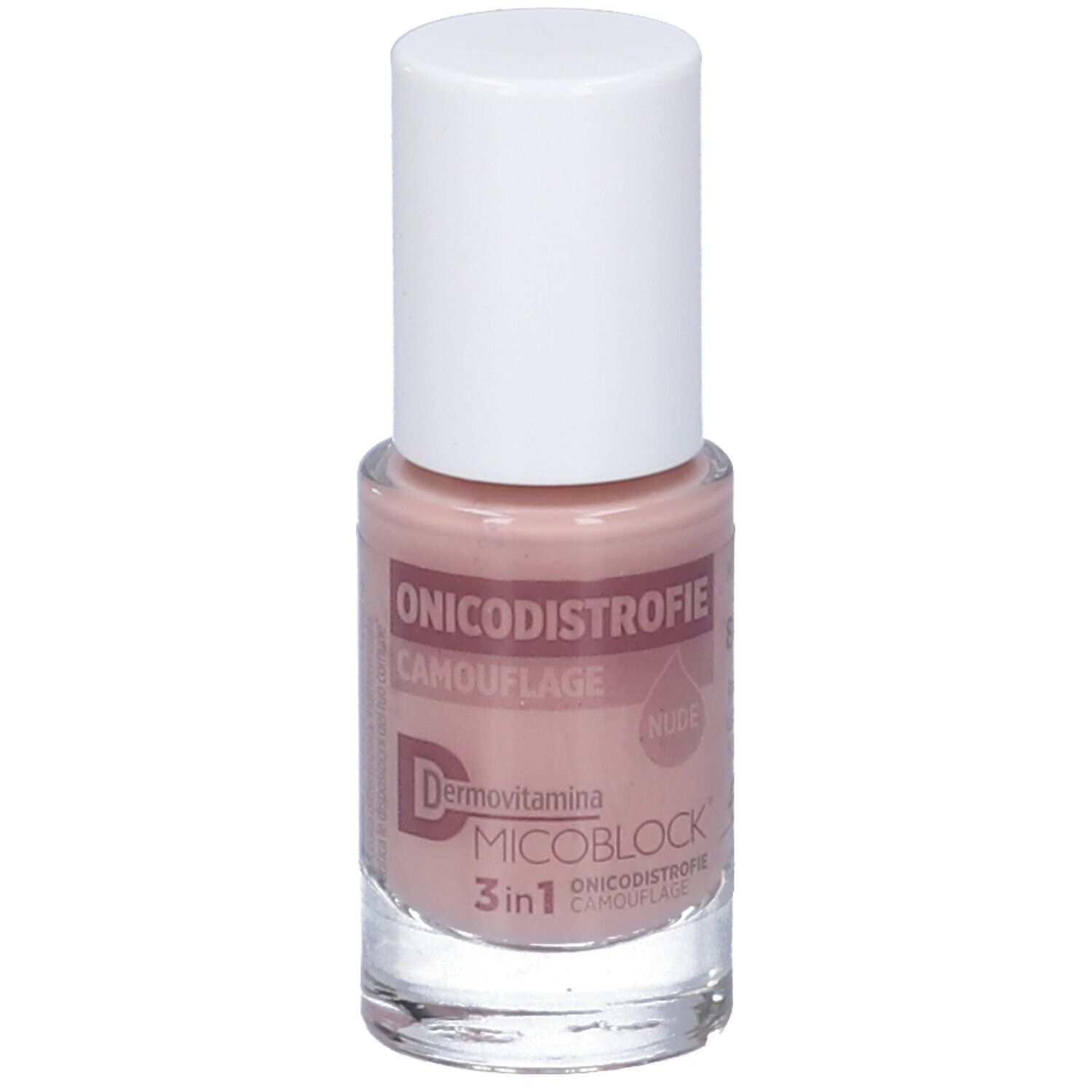 Flacone di smalto con tappo bianco. Scritta: Onicodistrofie Camouflage Nude. Dermovitamina Micoblock 3in1.