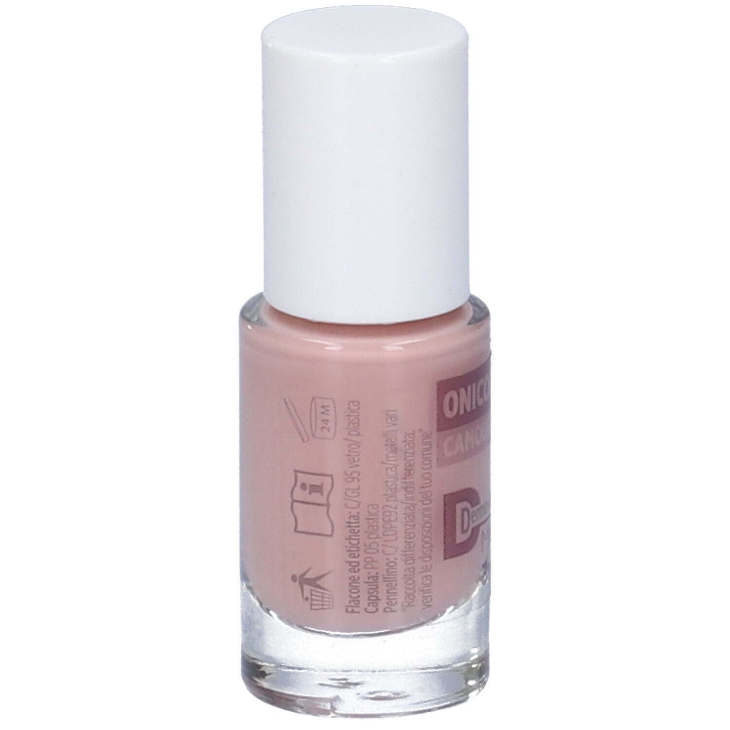 Flacone di smalto con tappo bianco. Scritta: Onicodistrofie Camouflage. Dermovitamina Micoblock 3in1. Testo sul retro.