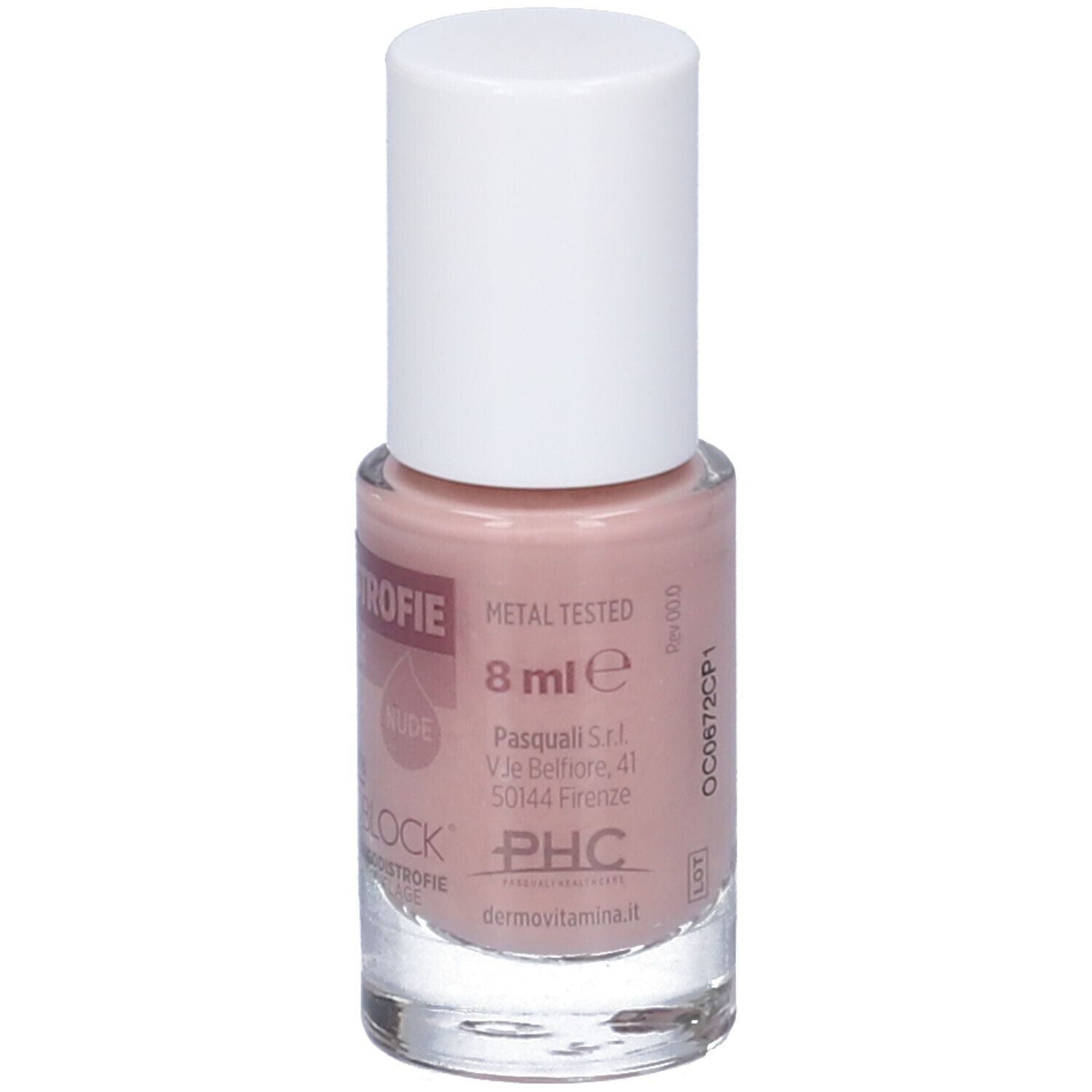 Flacone di smalto con tappo bianco. Scritta: Onicodistrofie. Dermovitamina Micoblock 3in1. 8 ml. Testo sul retro.