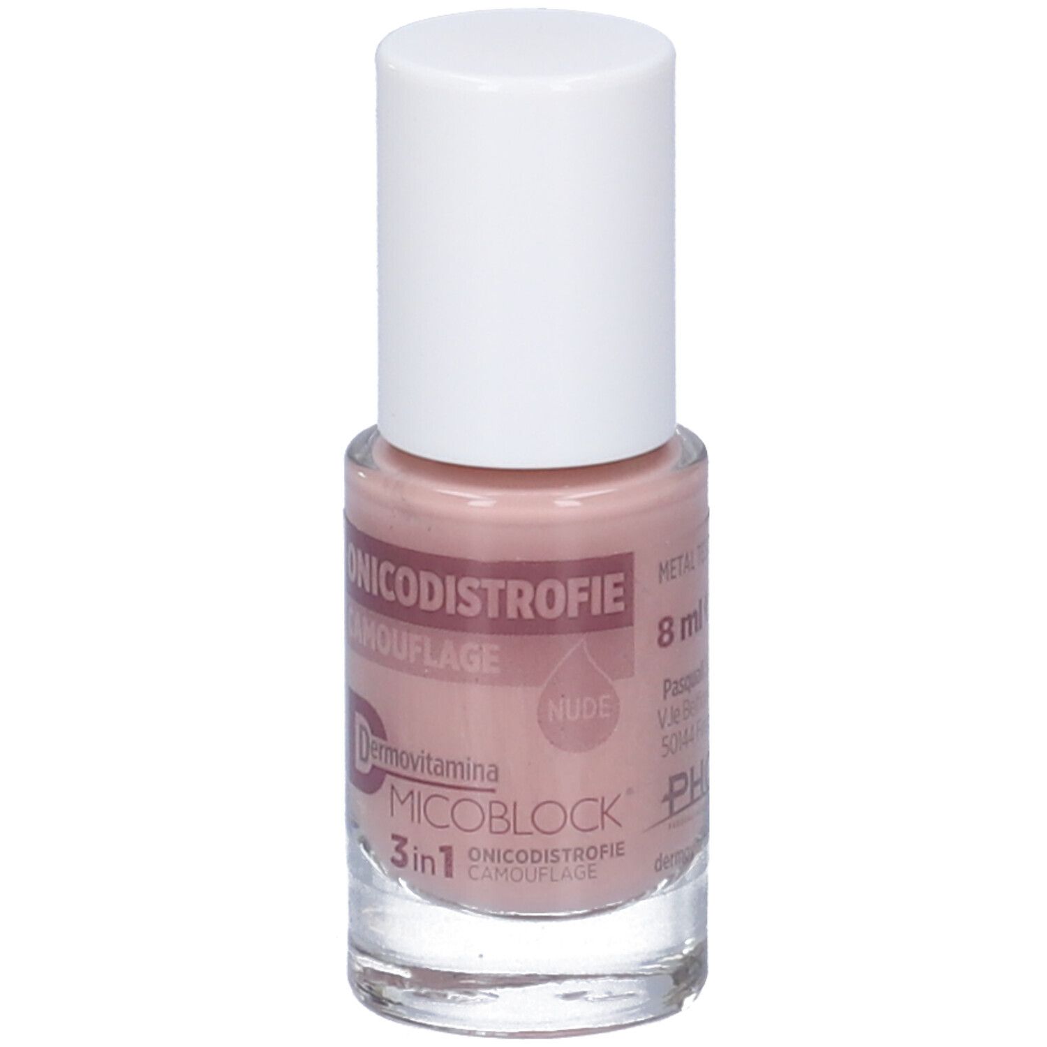 Flacone di smalto con tappo bianco. Scritta: Onicodistrofie Camouflage Nude. Dermovitamina Micoblock 3in1.