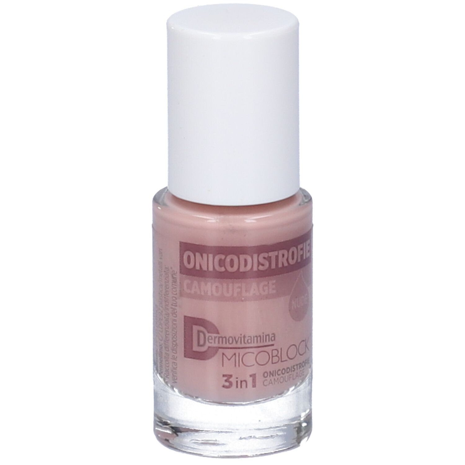 Flacone di smalto con tappo bianco. Scritta: Onicodistrofie Camouflage. Dermovitamina Micoblock 3in1. Testo sul retro.