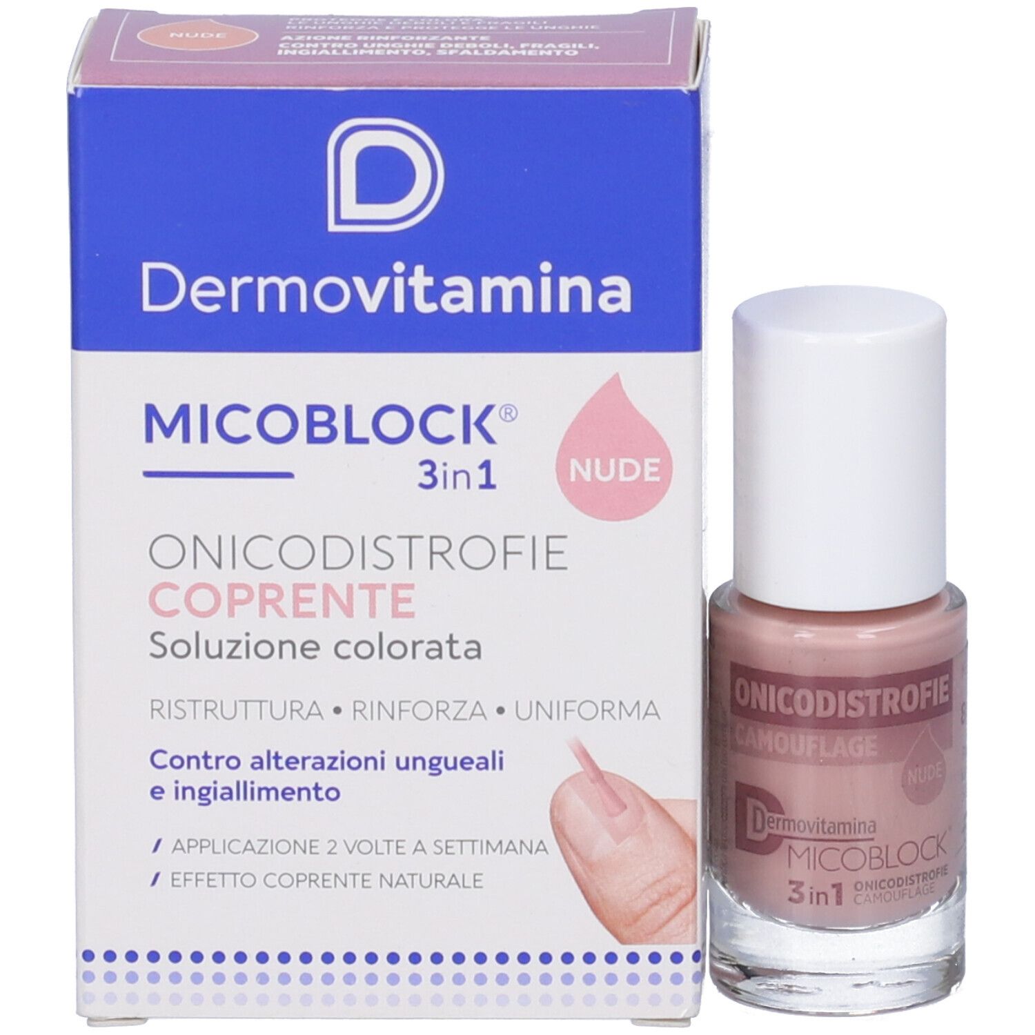 Scatola e flacone di smalto. Scritta: Dermovitamina Micoblock 3in1 Onicodistrofie Coprente Nude. Con pennello.