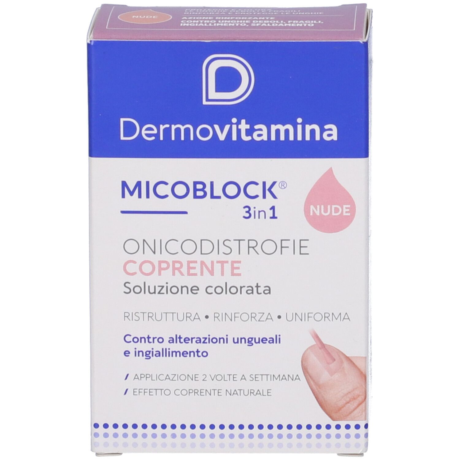 Scatola. Scritta: Dermovitamina Micoblock 3in1 Onicodistrofie Coprente Nude. Con immagine di un'unghia.