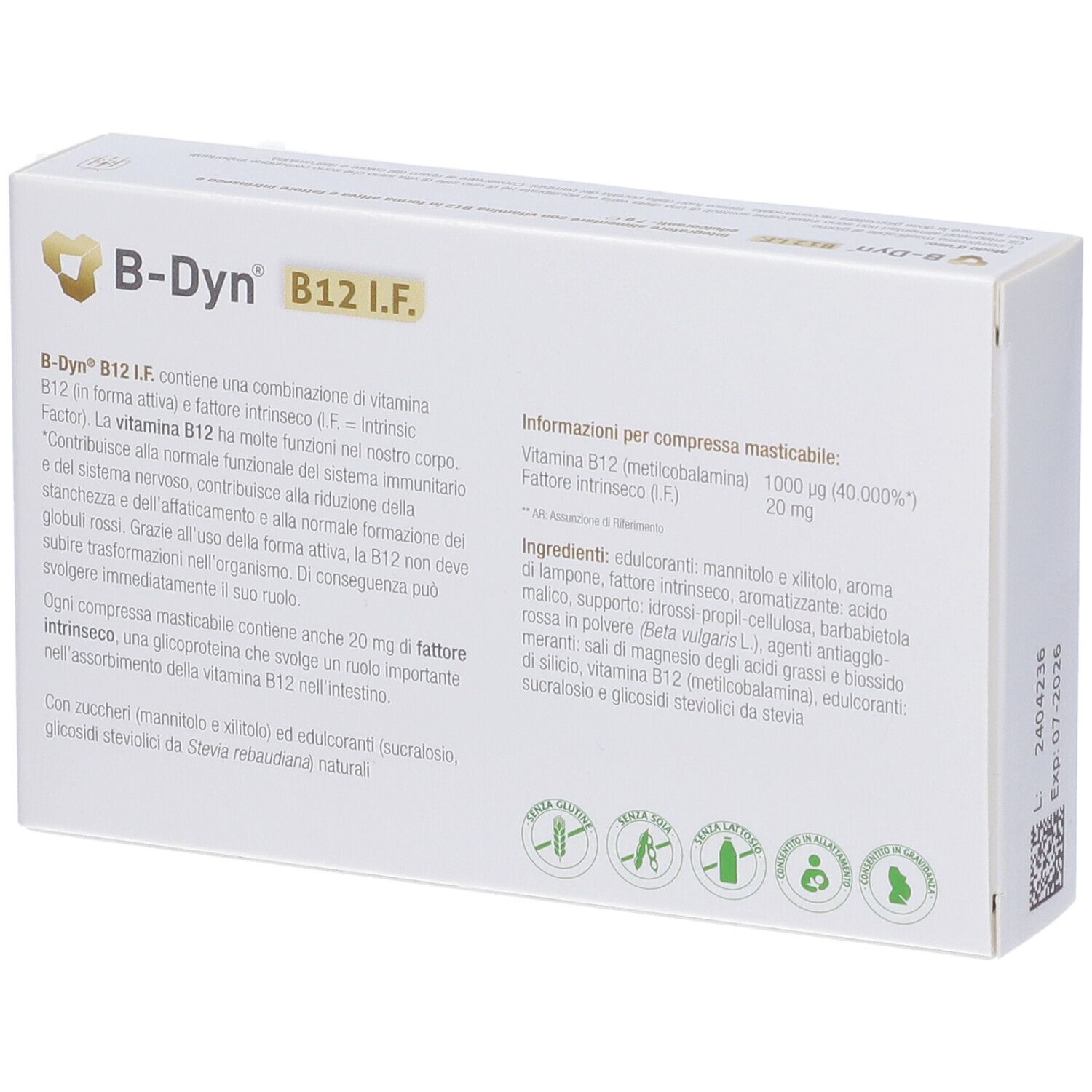 Packung B-Dyn B12 I.F. mit 28 Kautabletten, Himbeergeschmack.