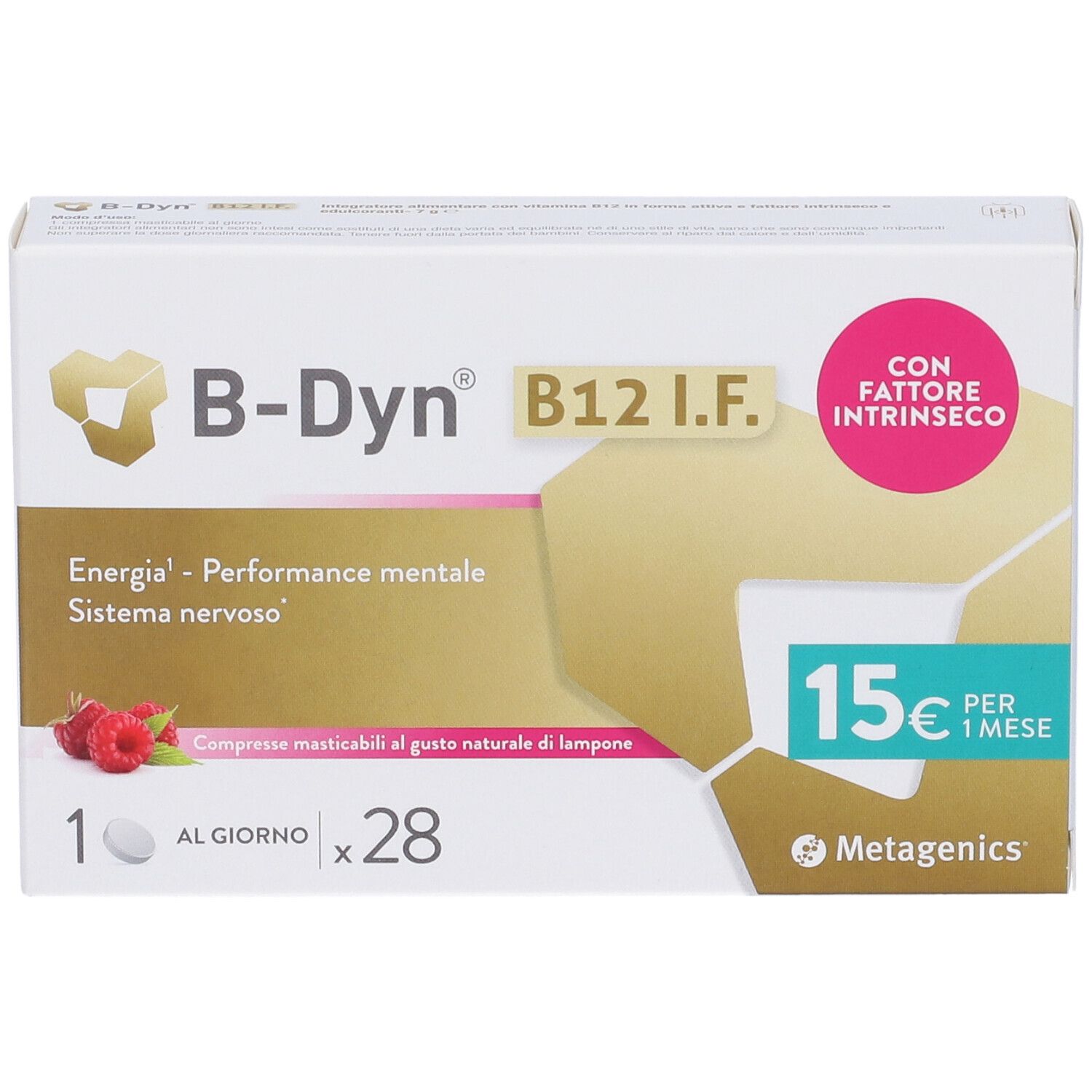 Packung B-Dyn B12 I.F. mit 28 Kautabletten, Himbeergeschmack.