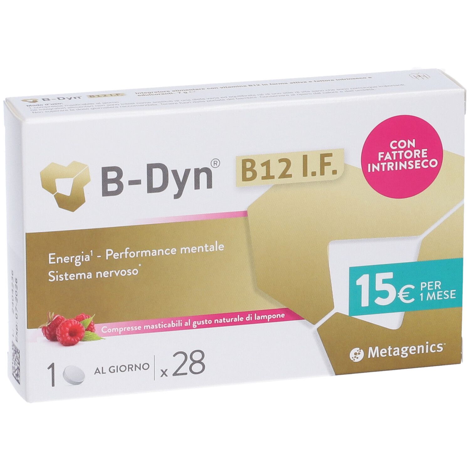 Packung B-Dyn B12 I.F. mit 28 Kautabletten, Himbeergeschmack.
