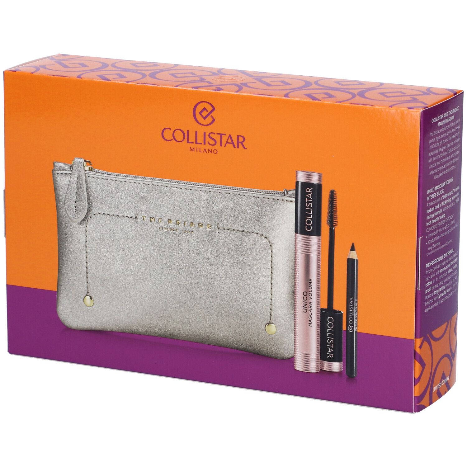 Set regalo con mascara, matita occhi e beauty-bag. Confezione con logo e nomi dei prodotti.