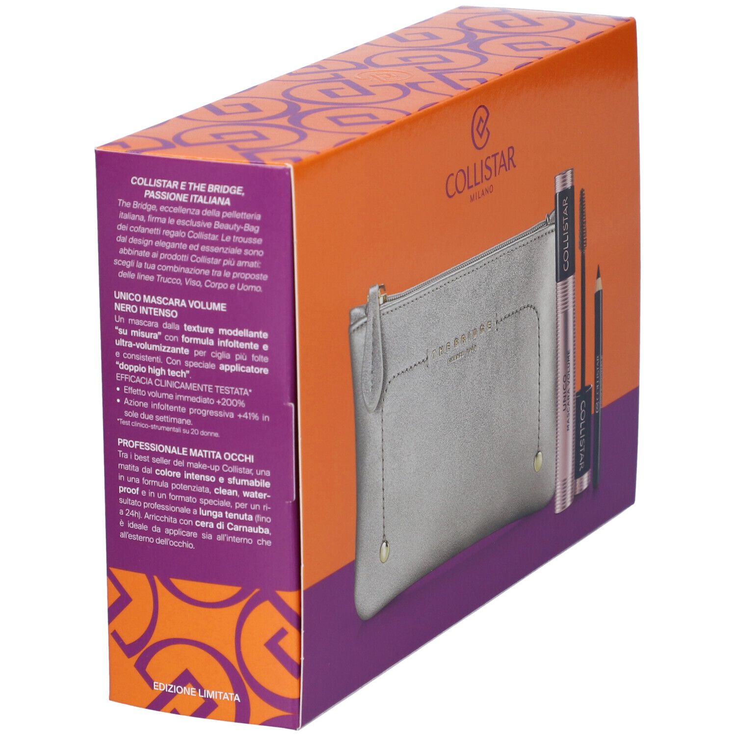 Confezione con informazioni sul prodotto. Contiene mascara, matita occhi e beauty-bag. Logo del marchio visibile.